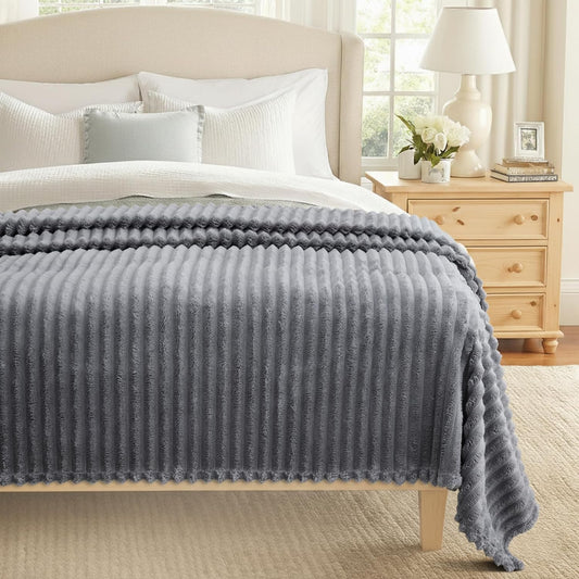 decorUhome Christmas Soft Fleece Grey Blanket Queen Size for Bed, Cozy Fluffy Plush Flannel Large Striped Throws for Couch Sofa, Lightweight Decorative Fuzzy Blanket for Woman, 90x90 Inches