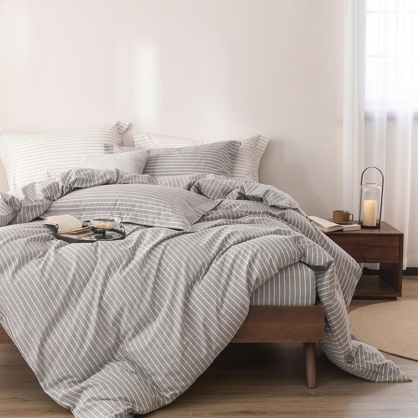 Stripe Duvet Cover California King Size 104inch x 98inch, 100% Washed Cotton Linen Feel Duvet Cover with Zipper Closure and 2 Pillowcases, Color of Grey-White Stripe