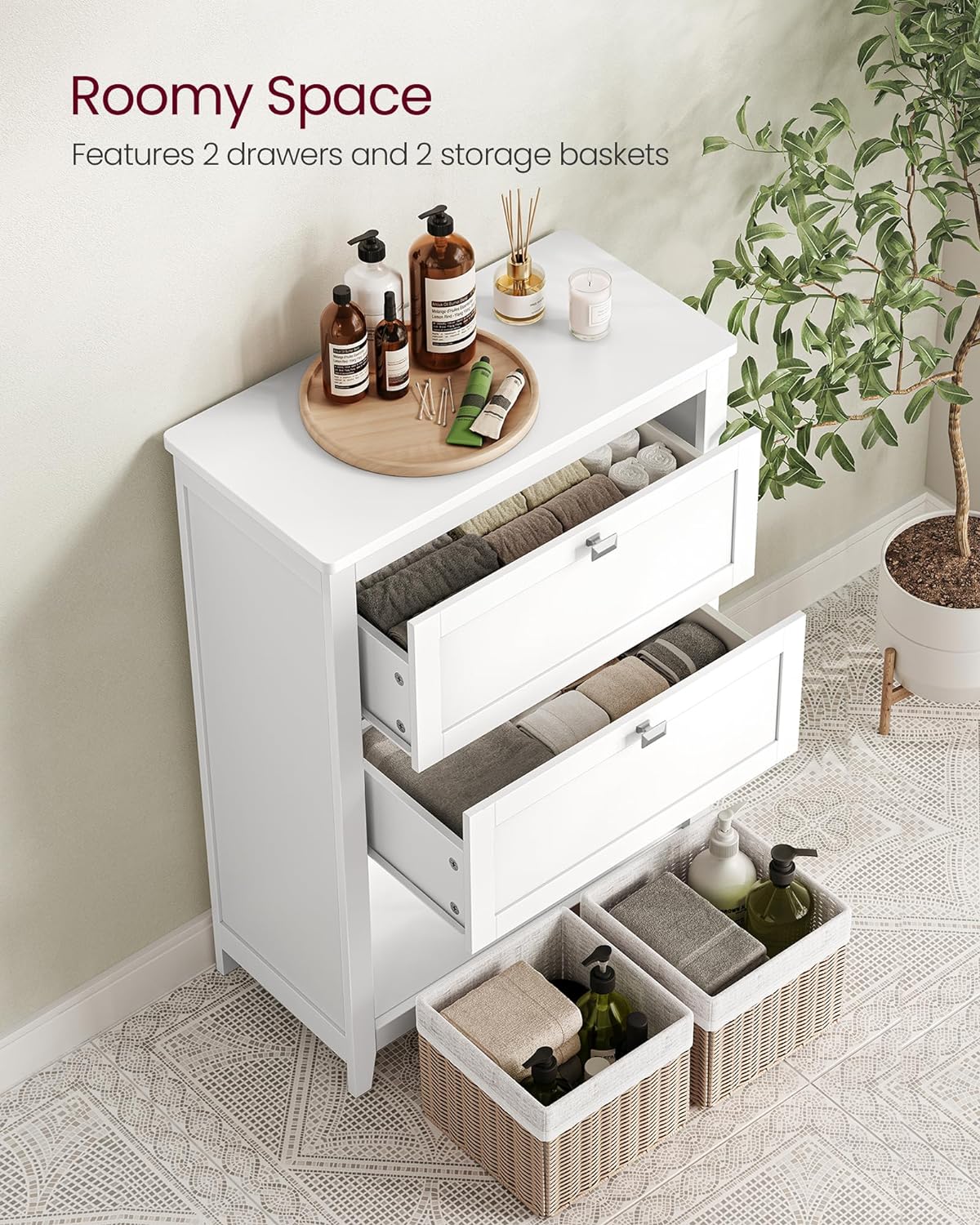 VASAGLE Storage Cabinet, Freestanding Floor Cabinet, 2 Drawers with 1 Set of Adjustable Divider, 2 Baskets, Sideboard, 11.8 x 23.6 x 31.5 Inches, for Bathroom, Living Room, Cloud White UBBC545W02