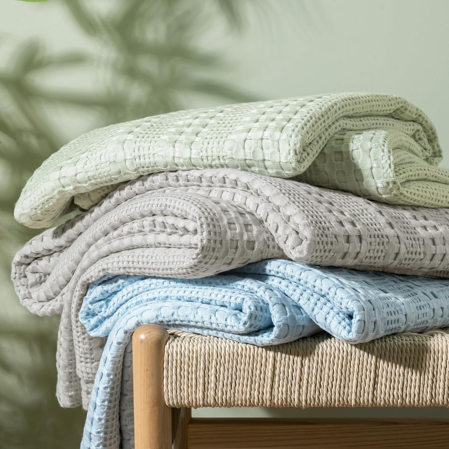 PHF Cooling Waffle Blanket Queen Size,Lightweight 60% Rayon Derived from Bamboo & 40% Cotton Breathable Blanket for Hot Sleepers, Soft and Luxury for Bed Couch and Sofa, 90"x90",Sky Blue