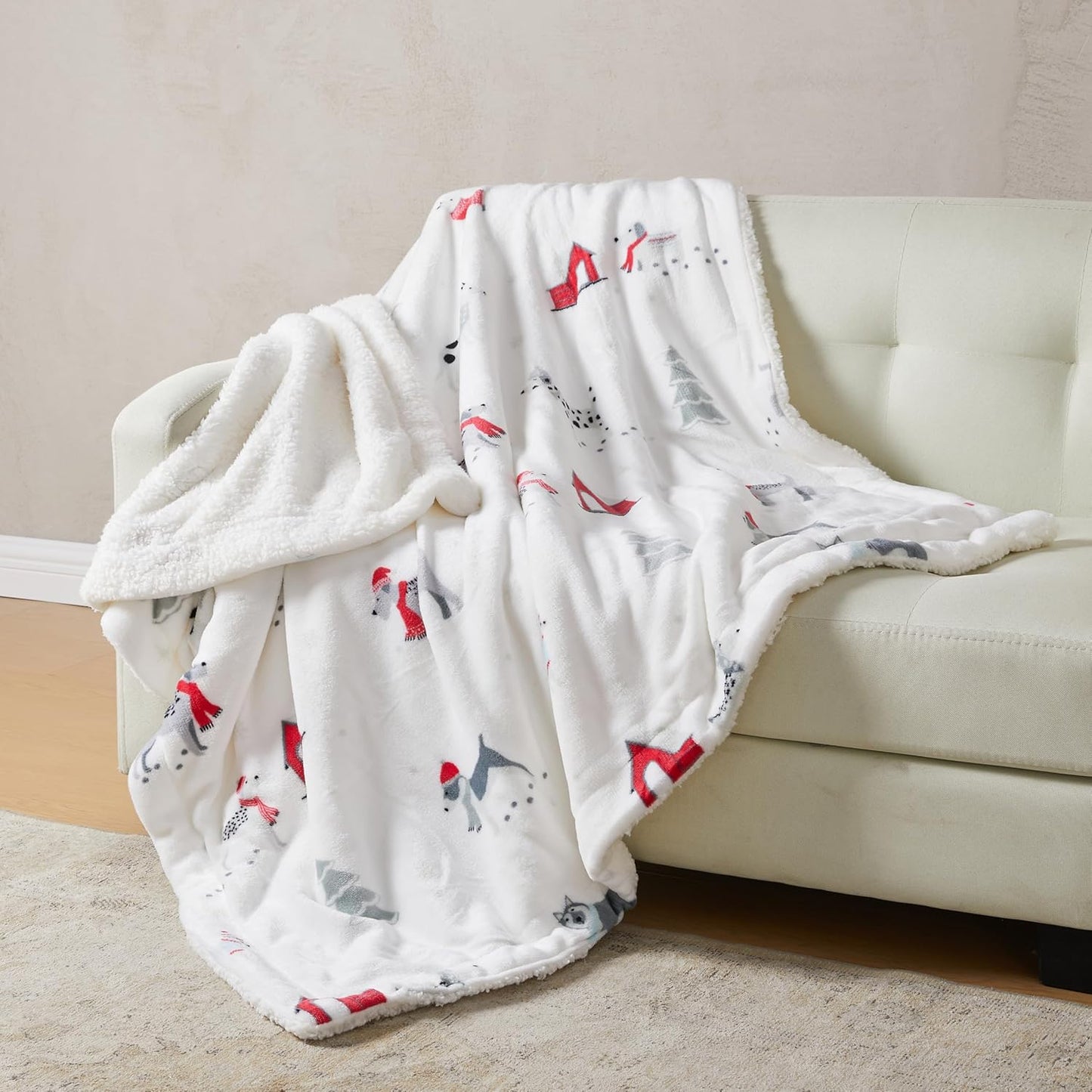 Fleece/Sherpa Christmas Throw - Super Soft Holiday Printed Blanket for Couch, Chair, or Bed - Cozy, Luxurious Plush - 50" x 60", Pups in The Snow