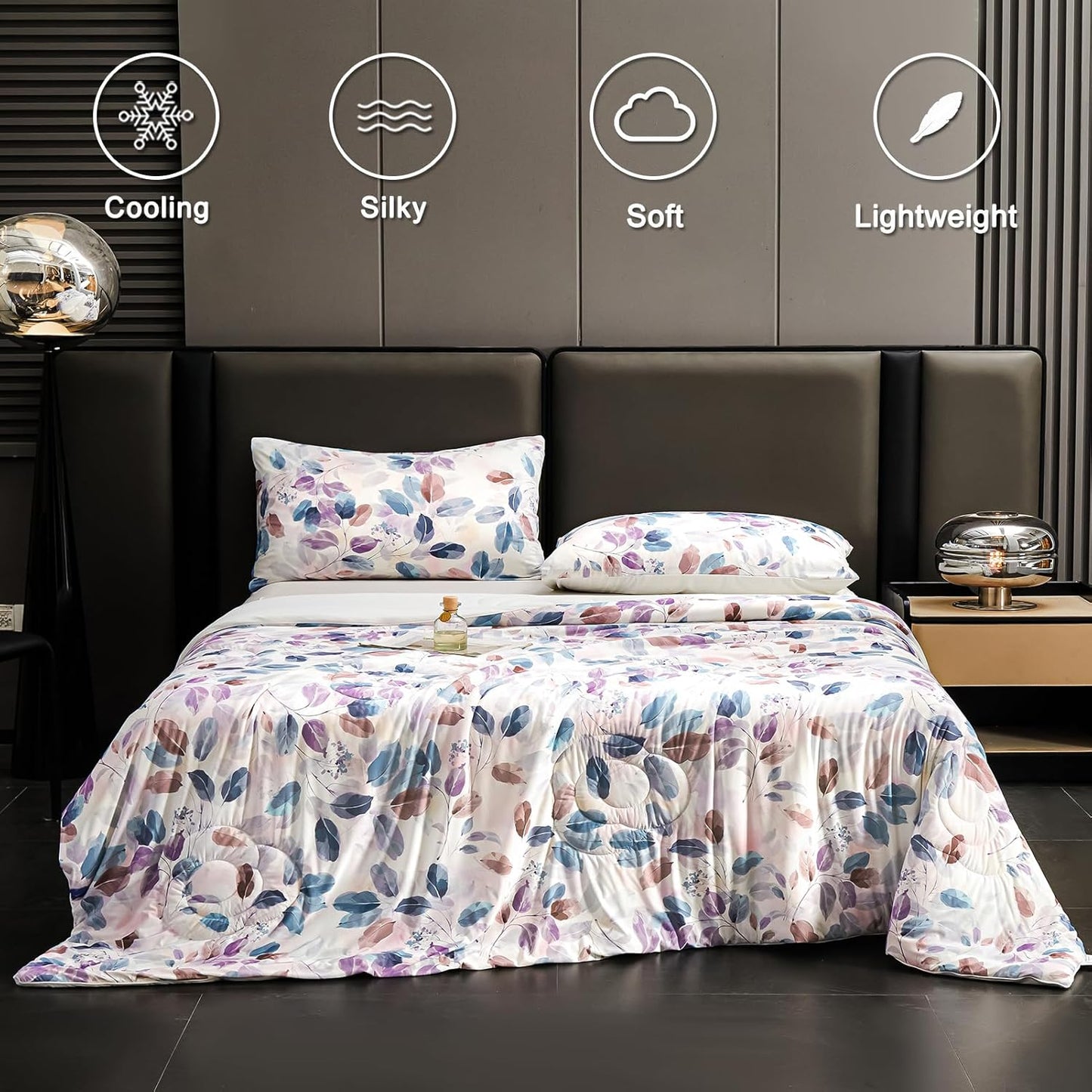 Cyusri Print Cooling Comforter Set 2Pcs Breathable Cool Twin Size Bedding Set with 1 Pillowcase Leaf Pattern Silky Cold Quilt, Blue 68"x90"