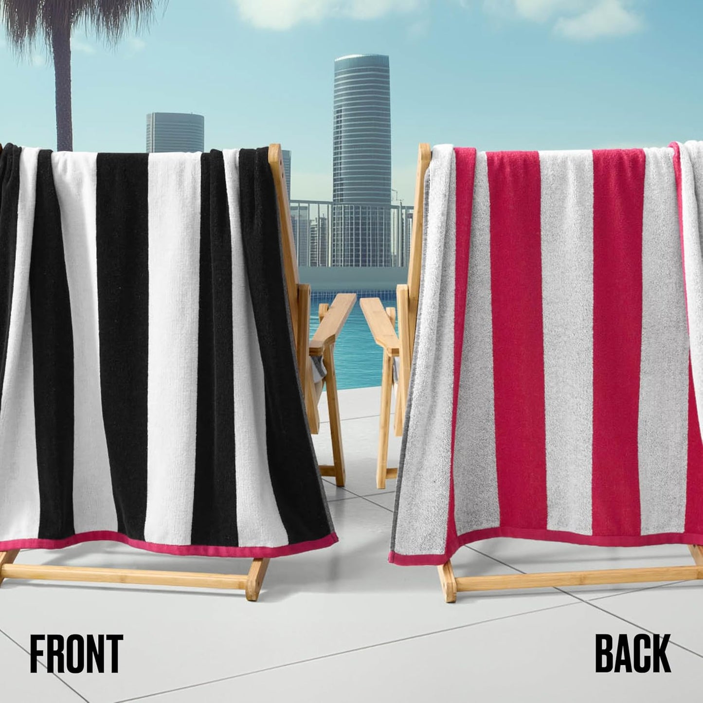 Juicy Couture Black/Hot Hot Pink/White Pink Reversible Cabana 36" x 72" 100% Cotton Oversized Beach Towel - Soft, Absorbent, and Quick-Drying, Perfect for Beach, Pool, or Travel