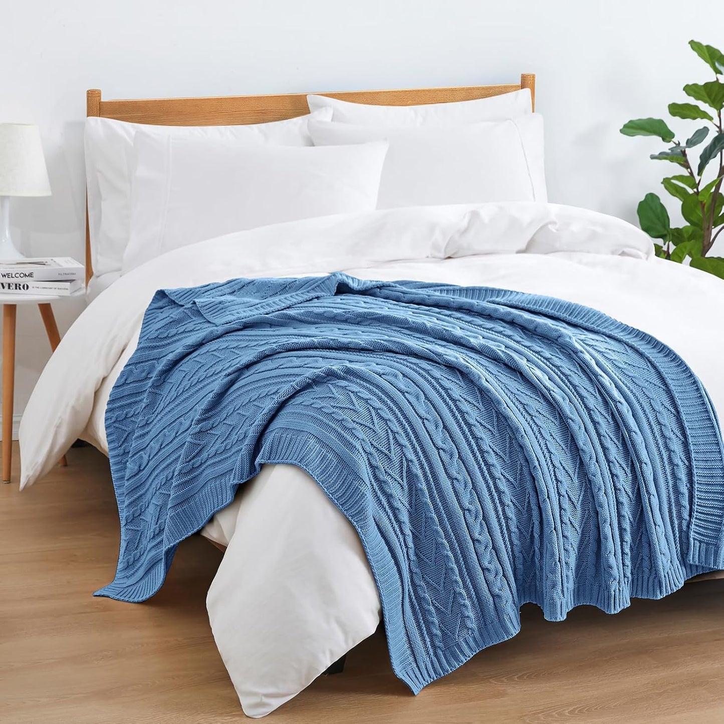 Aormenzy Dusty Blue Cable Knit Throw Blankets for Couch Bed Sofa, Acrylic Knitted Blanket, Soft Cozy Throw Blanket, 50" x 60"