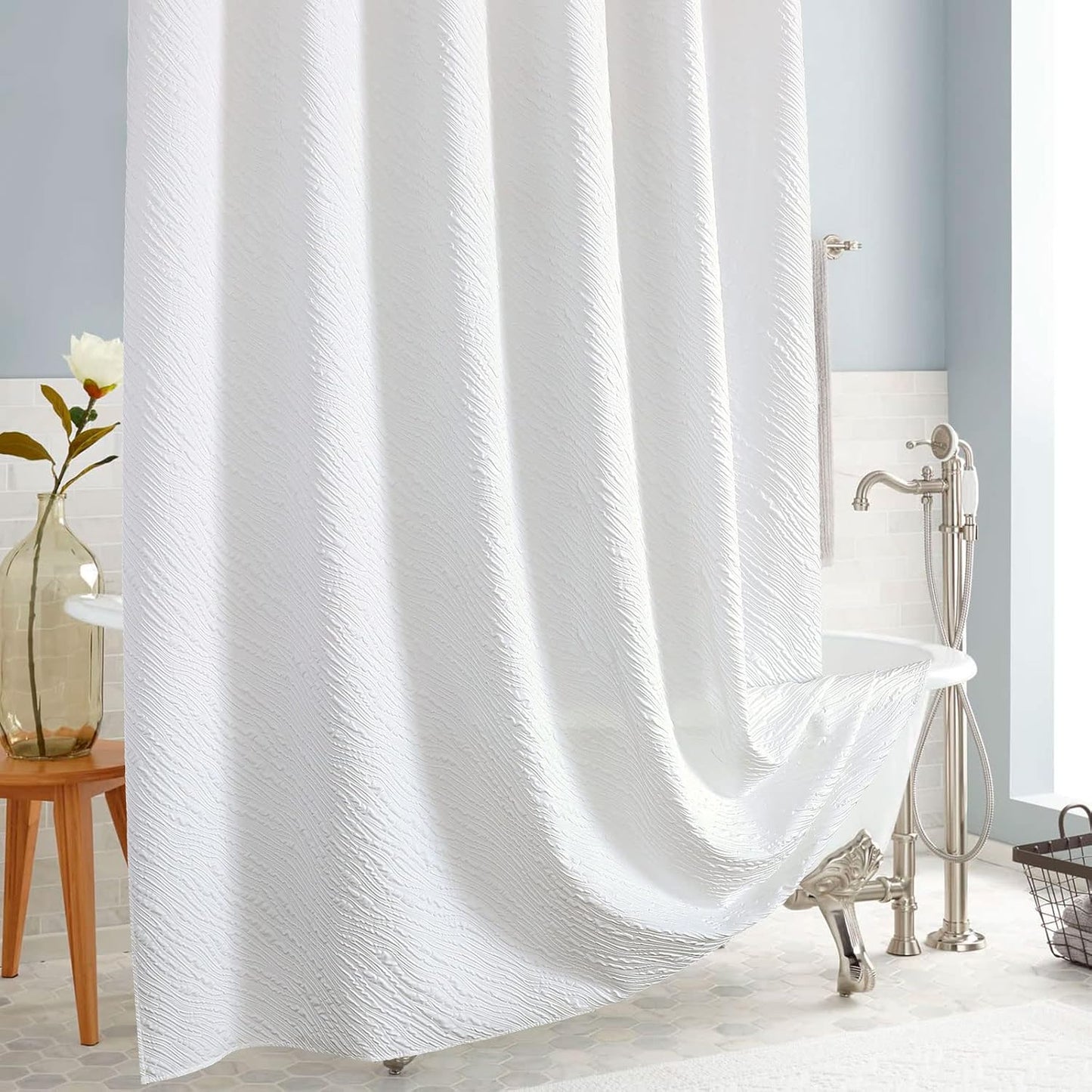 MitoVilla Extra Long Shower Curtain 72 x 84, Farmhouse Fabric White XL Shower Curtains for Bathroom Decor, Modern Luxury Cloth Shower Curtain, 3D Marble Textured