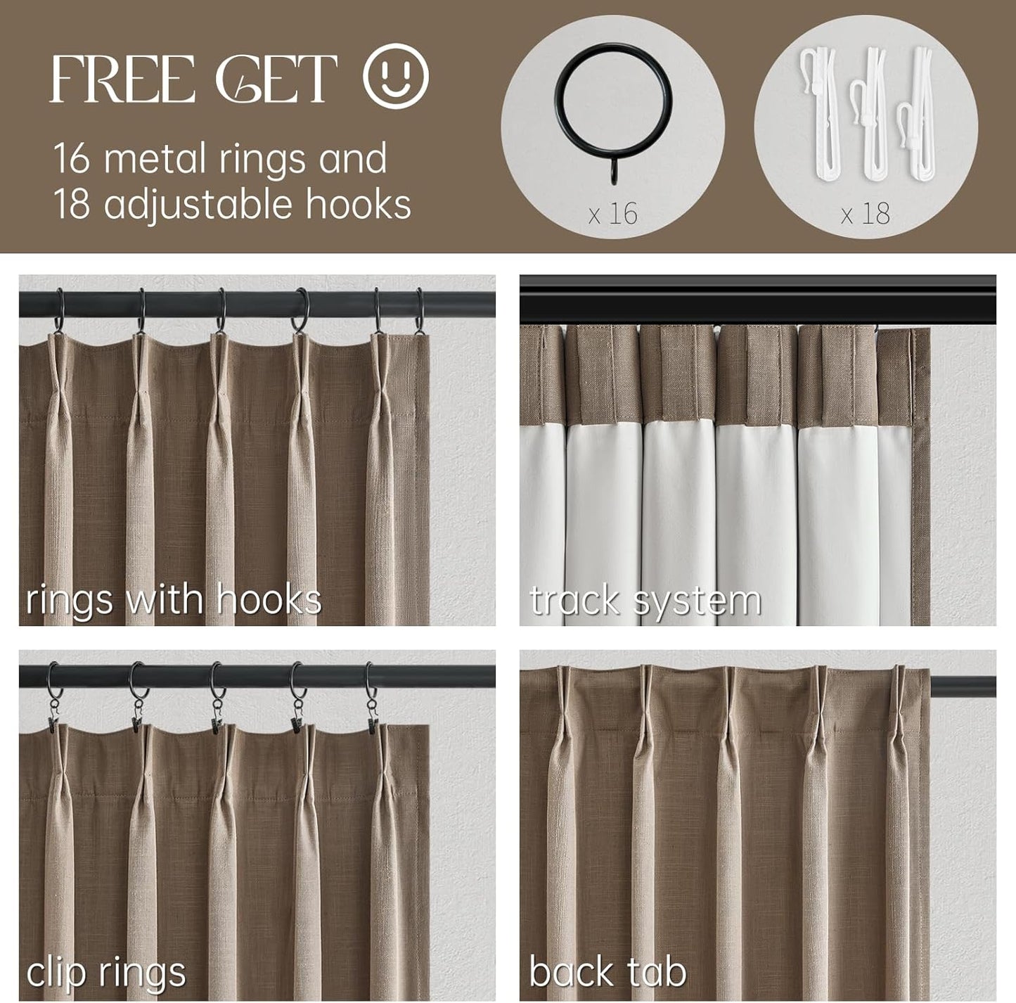 Topfinel 100 Inch Long Black Out Burlap Custom Curtains, Taupe Greige Tweed Pleated Window Coverings, Pinch Pleated Boho Farmhouse Heat Sound Block Back Tab Curtains for Sliding Door Bay Window