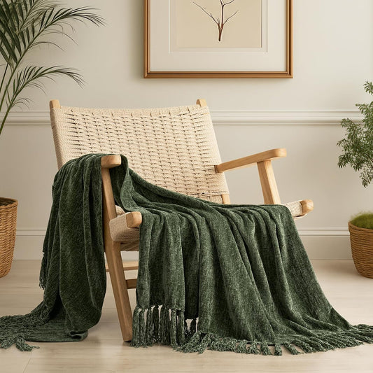 EVERGRACE Soft Chenille Throw Blanket for Couch, Cozy Plush Fuzzy Decorative Chenille Knit Throw Blanket with Tassels, Lightweight Blanket and Throws for Bed Sofa Gift Home Decor, Olive Green 50"x60"