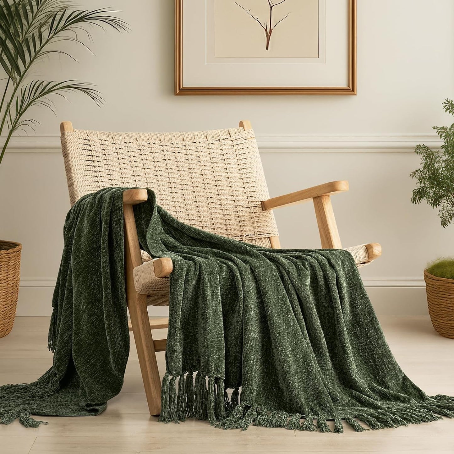 EVERGRACE Soft Chenille Throw Blanket for Couch, Cozy Plush Fuzzy Decorative Chenille Knit Throw Blanket with Tassels, Lightweight Blanket and Throws for Bed Sofa Gift Home Decor, Olive Green 60"x80"