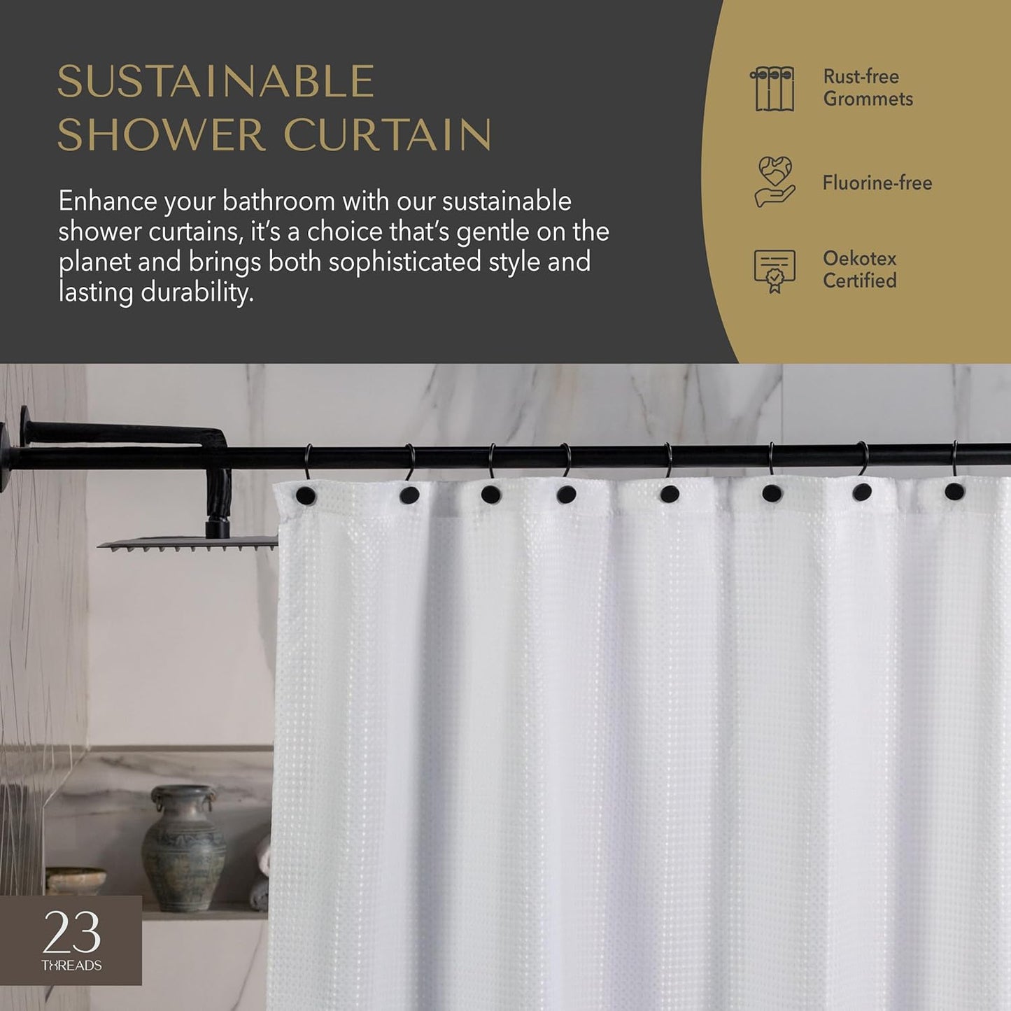 23 THREADS Fabric Shower Curtain for Bathroom, Water Resistant, Made from Sustainable Yarns, White, Waffle Weave