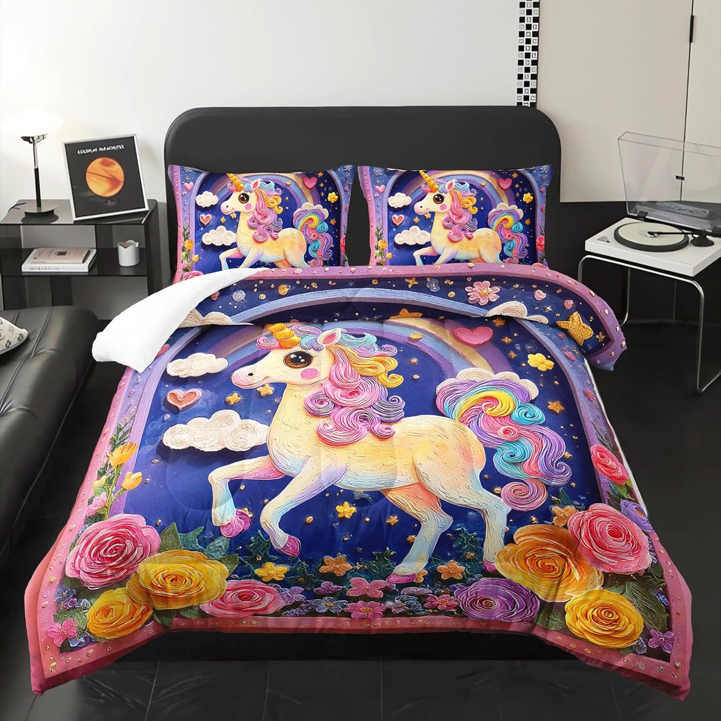 Pink Purple Rainbow Unicorn Flower Comforter Set Queen for Kids Girls，Girls Unicorn and Rainbows Bedding Sets Queen，with 1 Comforter with 2 Pillow Case，Unicorn Bedroom Decor and Bedding Set