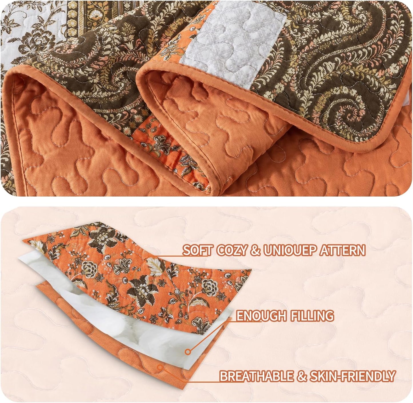 BEDIFANY Cotton Quilts King Size for Farmhouse- Fall Patchwork Bedspread Set - Highly-Woven Soft Reversible King Size Bed Spread for All Seasons (Floral Orange) 3 Pieces