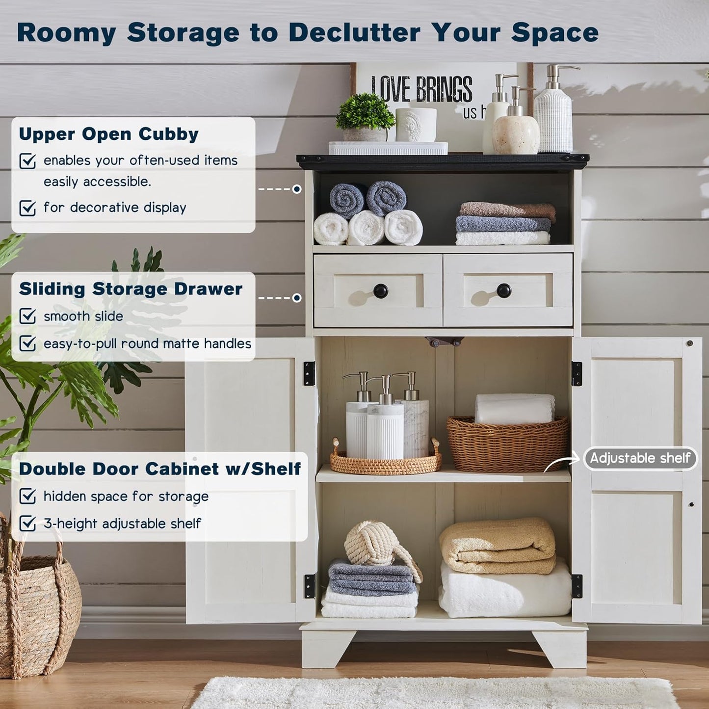 ACCOHOHO Bathroom Floor Cabinet, Farmhouse Storage Cabinet, 24" Wide Cabinet with Drawer, Adjustable Shelf, Barn Doors, Cabinets for Bathroom, Kitchen, Living Room, Off White