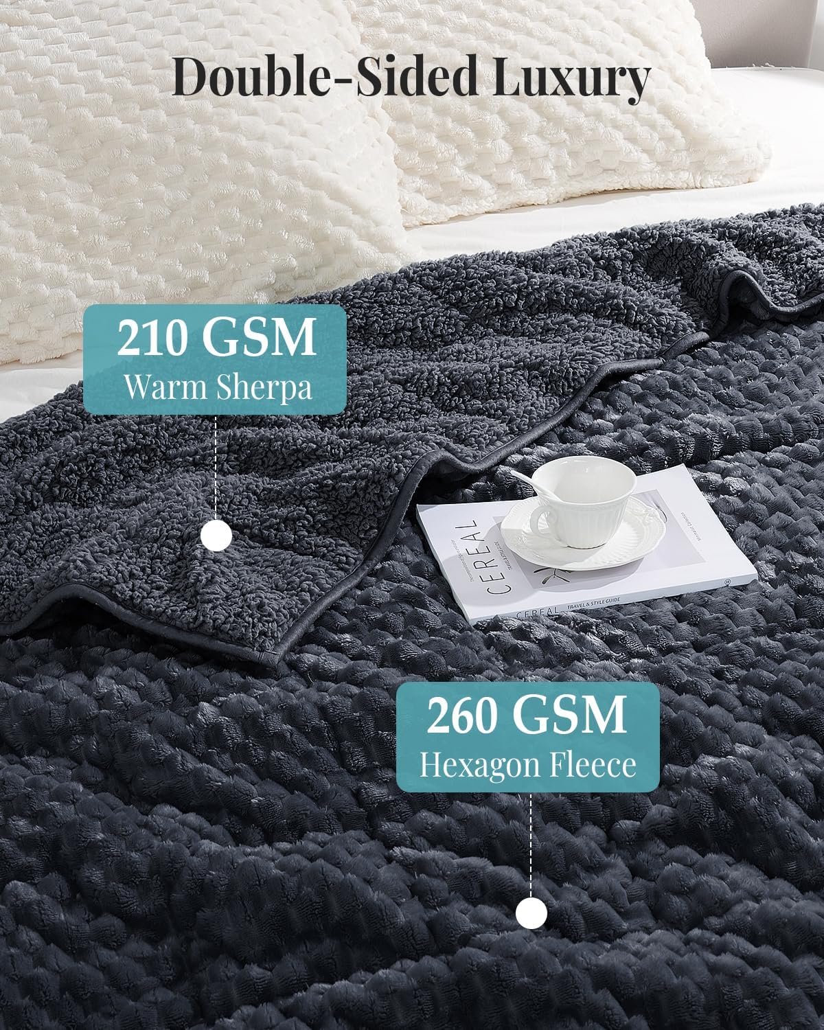 Topblan Sherpa Weighted Blanket for Adluts, Soft Cozy Jacquard Fleece Weighted Blankets Twin Size 15lbs, Thick Heavy Blanket for Sleeping, 48 x 72 inches, Dark Grey