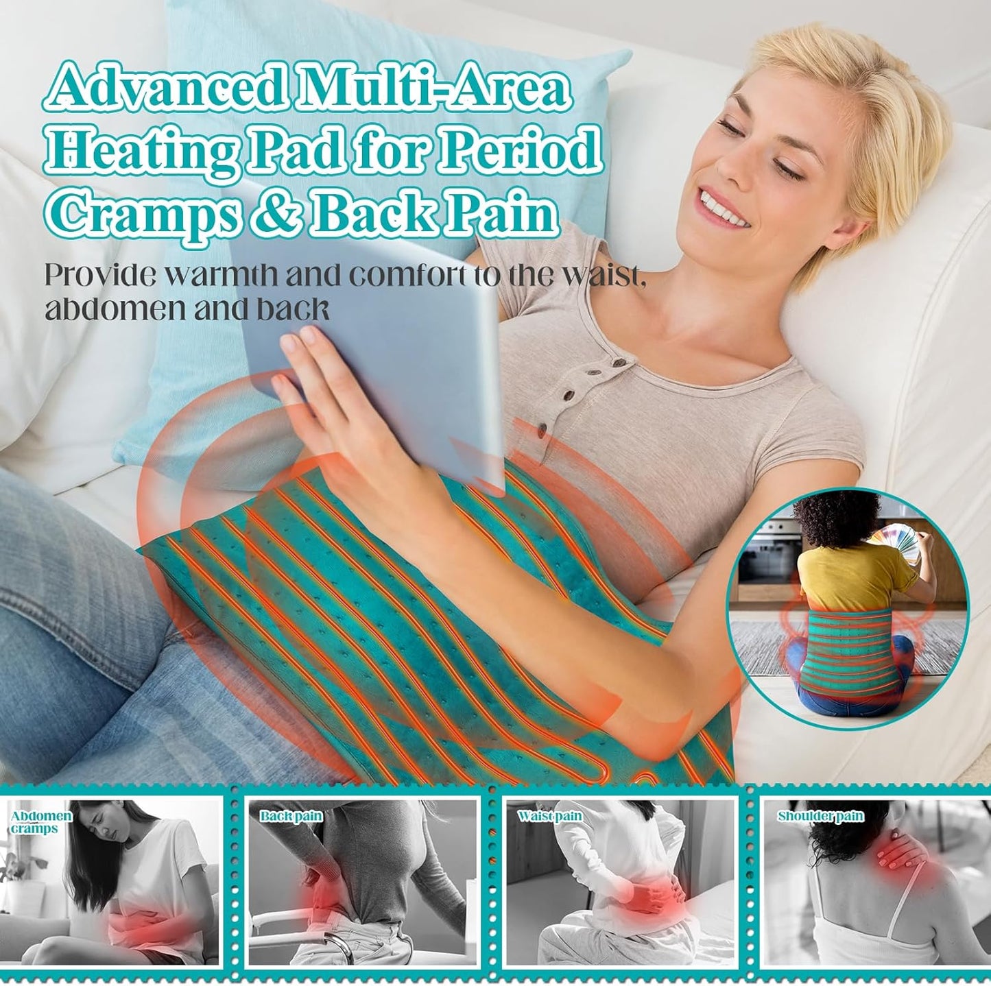 Heating Pad for Back, Heating Pad for Period Cramps/Waist/Shoulders with Belt, Christmas Gifts for Women Men Mom Dad, 6 Heat Settings, 4 Timers, Auto-Off, Machine Washable, Blue Green