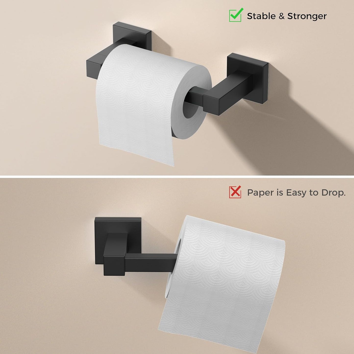 FORIOUS Toilet Paper Holder Set Wall Mount, SUS 304 Stainless Steel Pivoting Toilet Paper Holder and Towel Ring, Hand Towel Holder Set for Bathroom, Square Bathroom Hardware Set, Matte Black