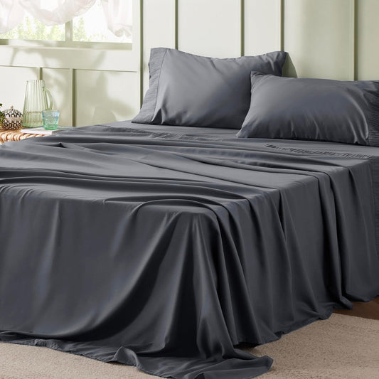 Bedsure California King Sheet Sets - 4 Pieces Soft Cal King Sheets - Breathable & Cooling - Hotel Luxury - Easy Care Polyester Microfiber Bedding for Women, Men, Dark Grey