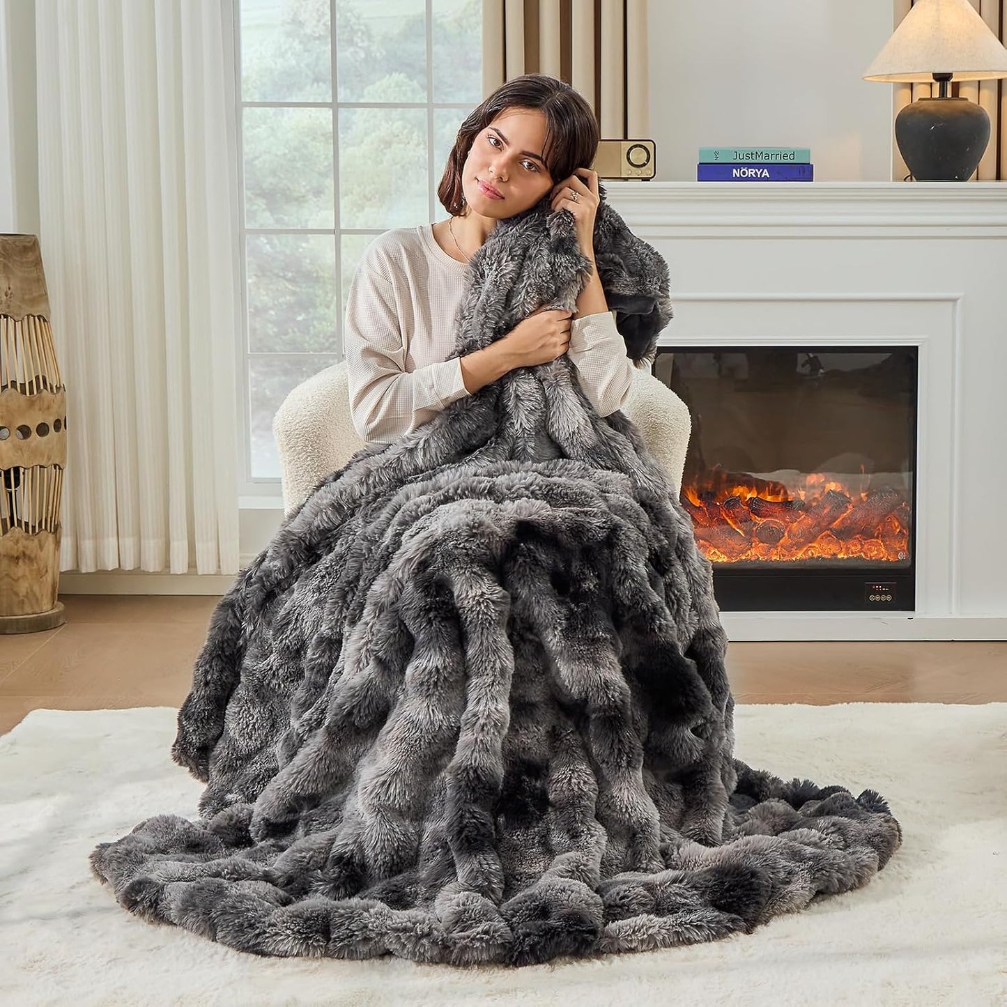 Fluffy Blanket - Soft Luxury Faux Rabbit Fur Throw - Cozy Fuzzy Plush Bubble Blanket, Warm & Decorative - Queen Size 90''x90'', Tie-Dyed Dark Grey