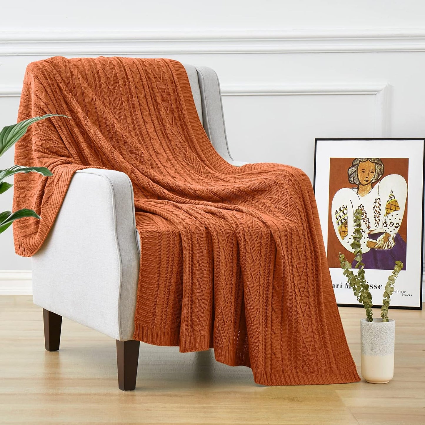 Aormenzy Rust Orange Cable Knit Throw Blankets for Couch Bed Sofa, Acrylic Knitted Blanket, Soft Cozy Throw Blanket, 50" x 60"