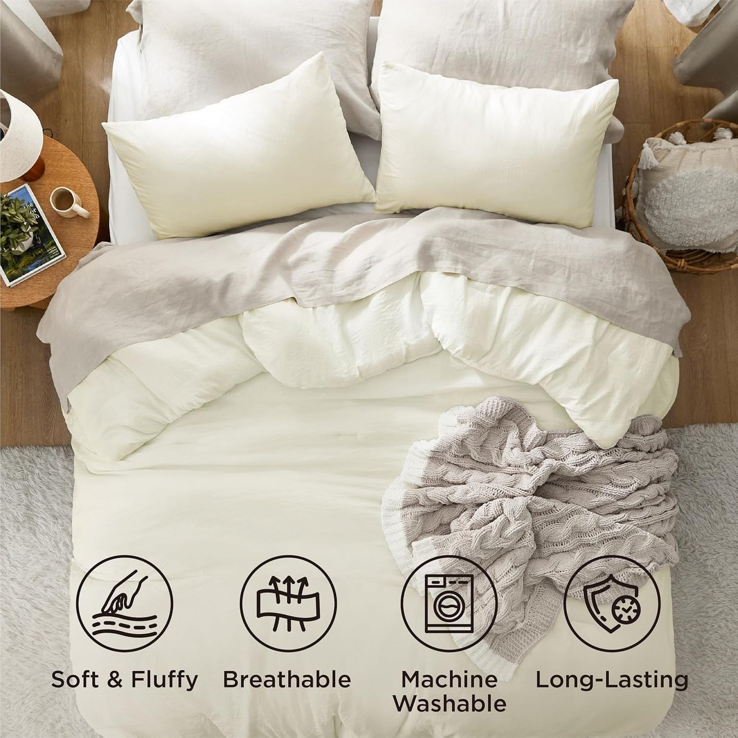 Bedsure King Size Comforter Set, Ivory Soft Prewashed Bedding for All Seasons, 3 Pieces GentleSoft™ Warm Down Alternative Bed Set, 1 Lightweight Comforter (104"x90") and 2 Pillowcases (20"x36")
