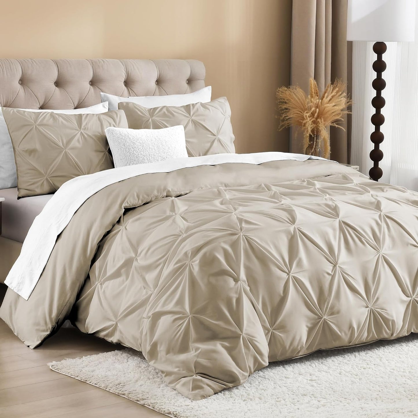 Litanika Oatmeal Pinch Pleat Duvet Cover King, 3 Pieces Pintuck Soft Microfiber Bedding Set with Zipper Closure & Corner Ties(104x90Inch-1 Duvet Cover, 2 Pillowcases)