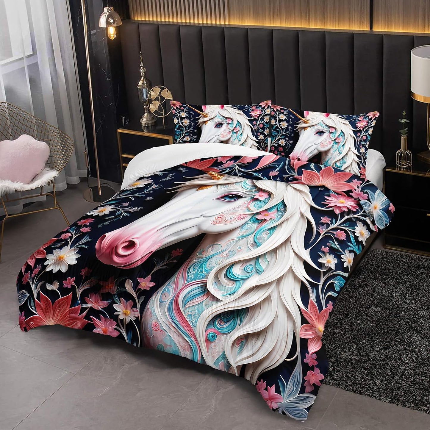 White and Pink Unicorn Flower Queen Size Comforter Set for Girls，Kids Queen Size Unicorn Bedding Sets for Girls，with 1 Comforter with 2 Pillow Case