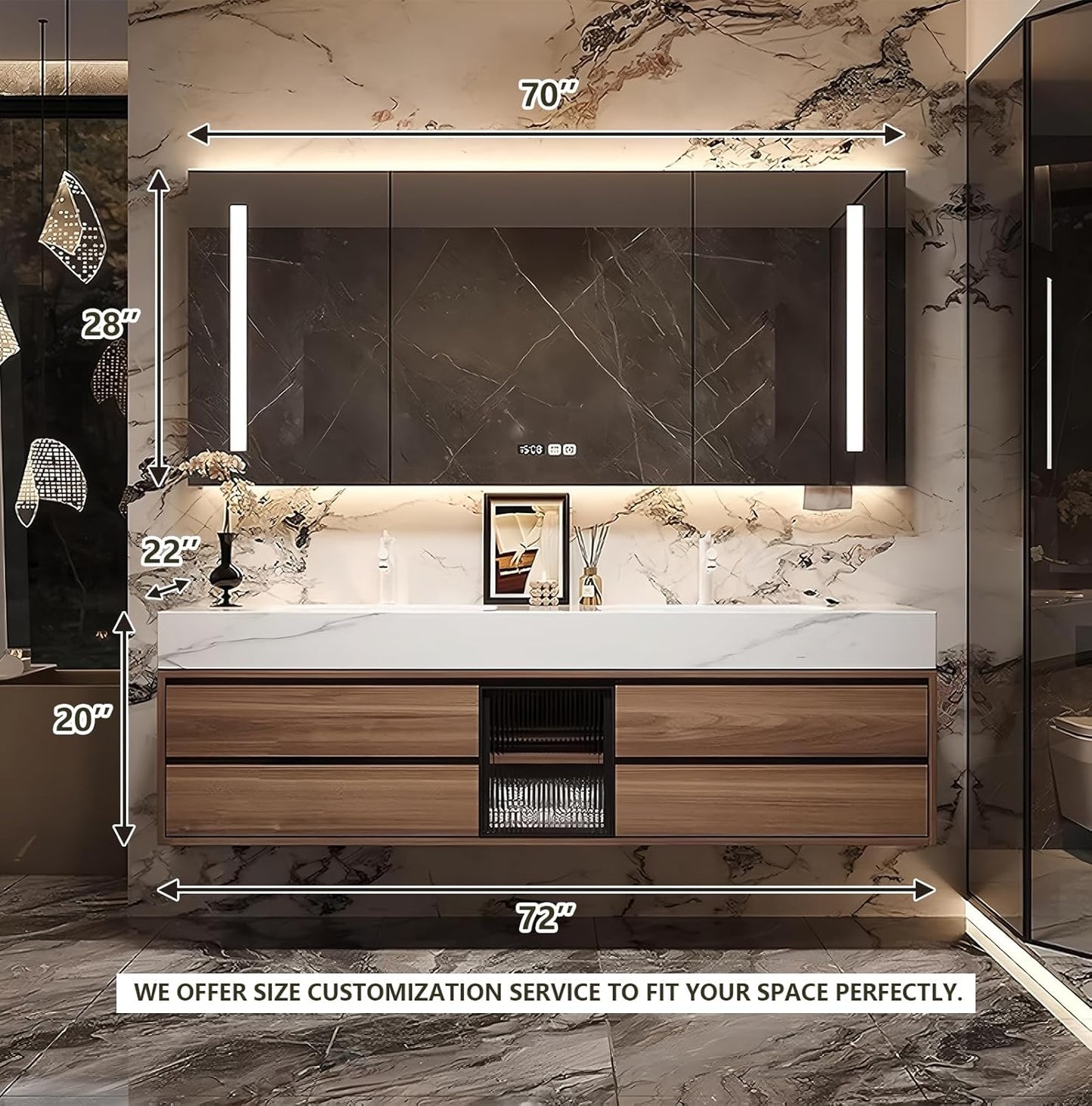 72IN Bathroom Vanity with Double Sink, Modern Bathroom Vanity with LED Smart Defog Mirror Cabinet & Integrated Ceramic Sink, Floating Vanities with Drawers and Glass Cabinet Door (Walnut)