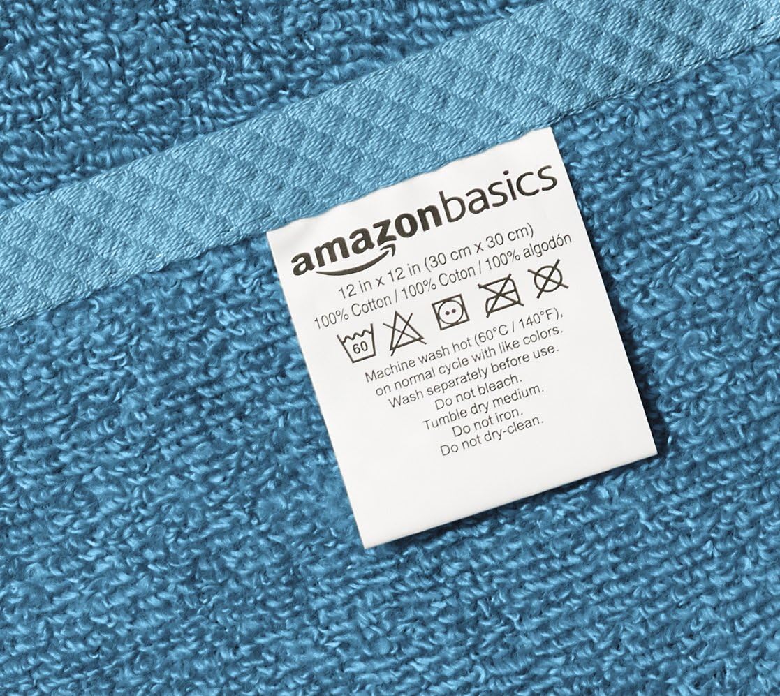 Amazon Basics Cotton Washcloths, Quick-Dry, 12" x 12", 12-Pack, Lake Blue