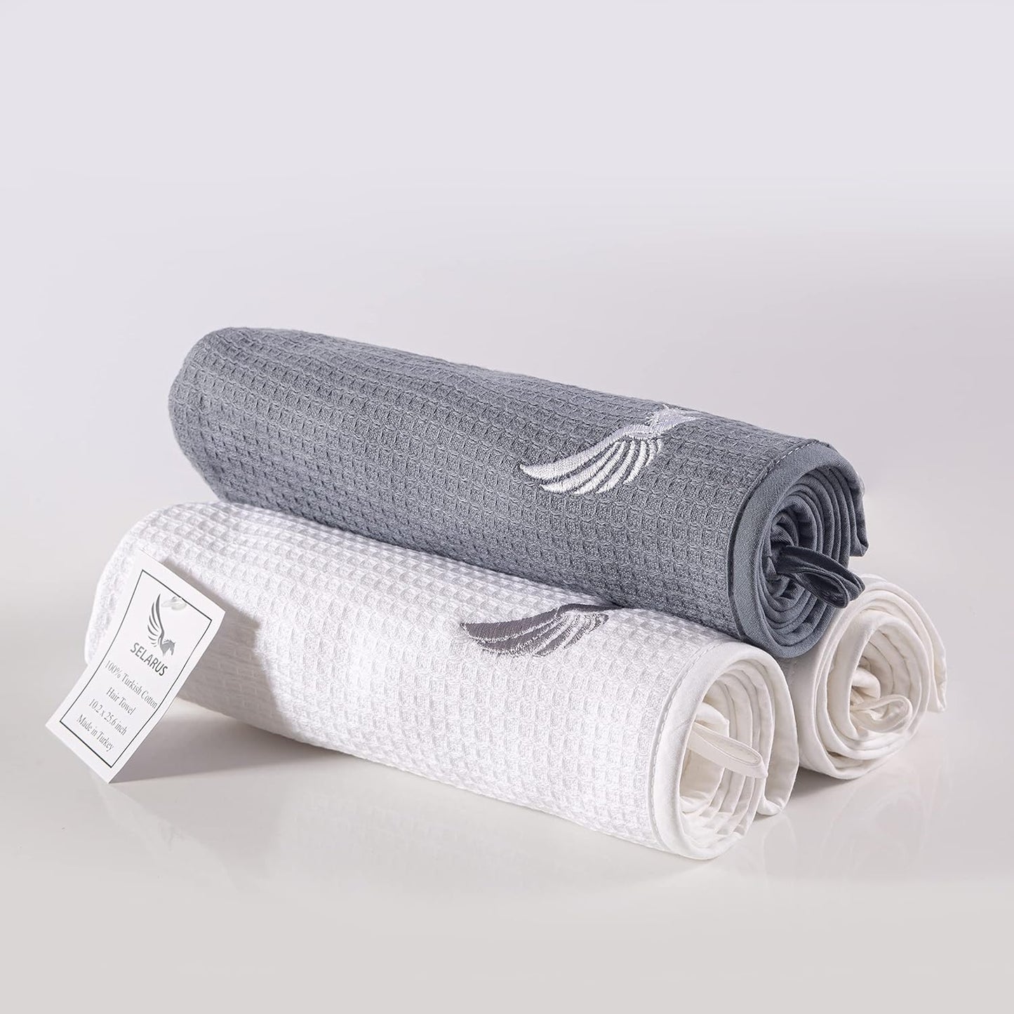 100% Turkish Cotton Hair Towel Wrap for Women,Non Microfiber,400-GSM(Grams per Square Metre),AntiFrizz,Hair Plop Waffle Towels for Curly,Long&Thick Hairs,Turban Head Wrap,1Pack10x26inc(White)