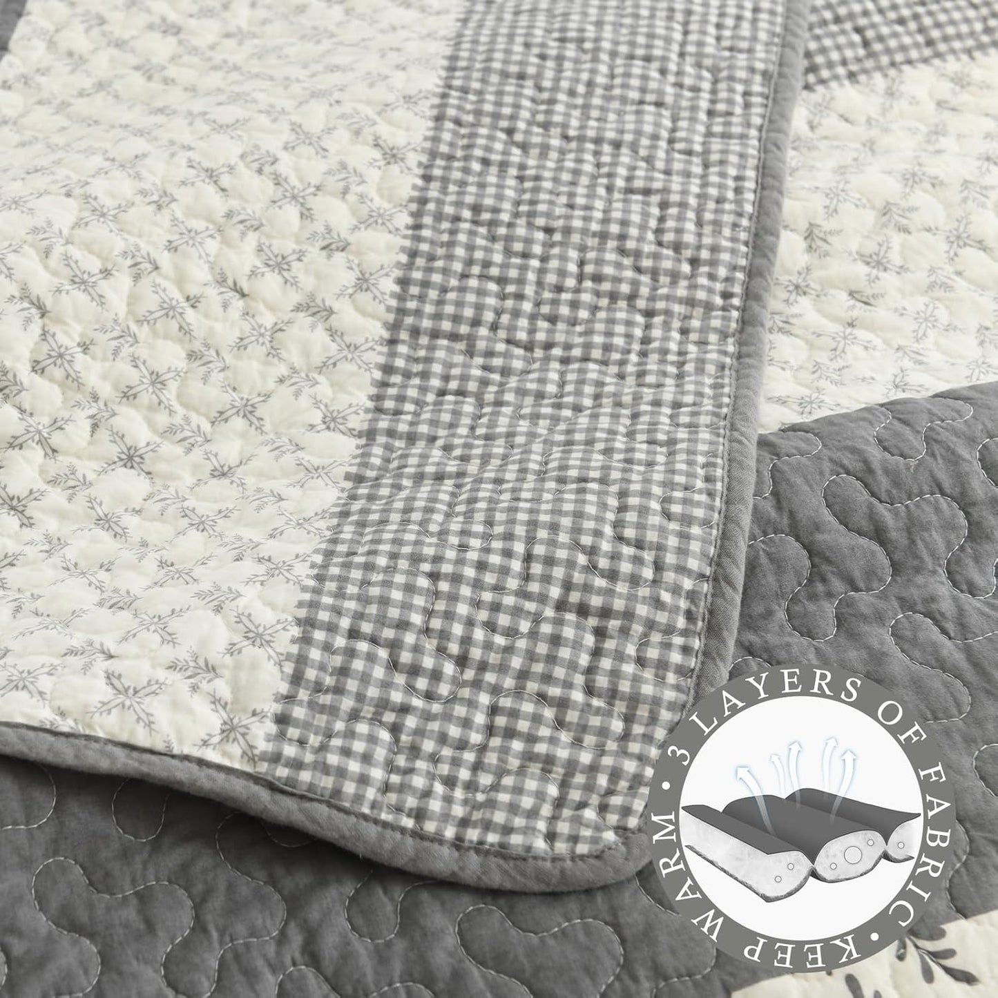 Stripe King Size Quilt - 100% Cotton Lightweight Quilt Bedding Set 3 Pieces, Vintage Vine Pattern Quilted Bedspread with 2 Pillow Shams, Farmhouse Printed Coverlet for All Season, Gray