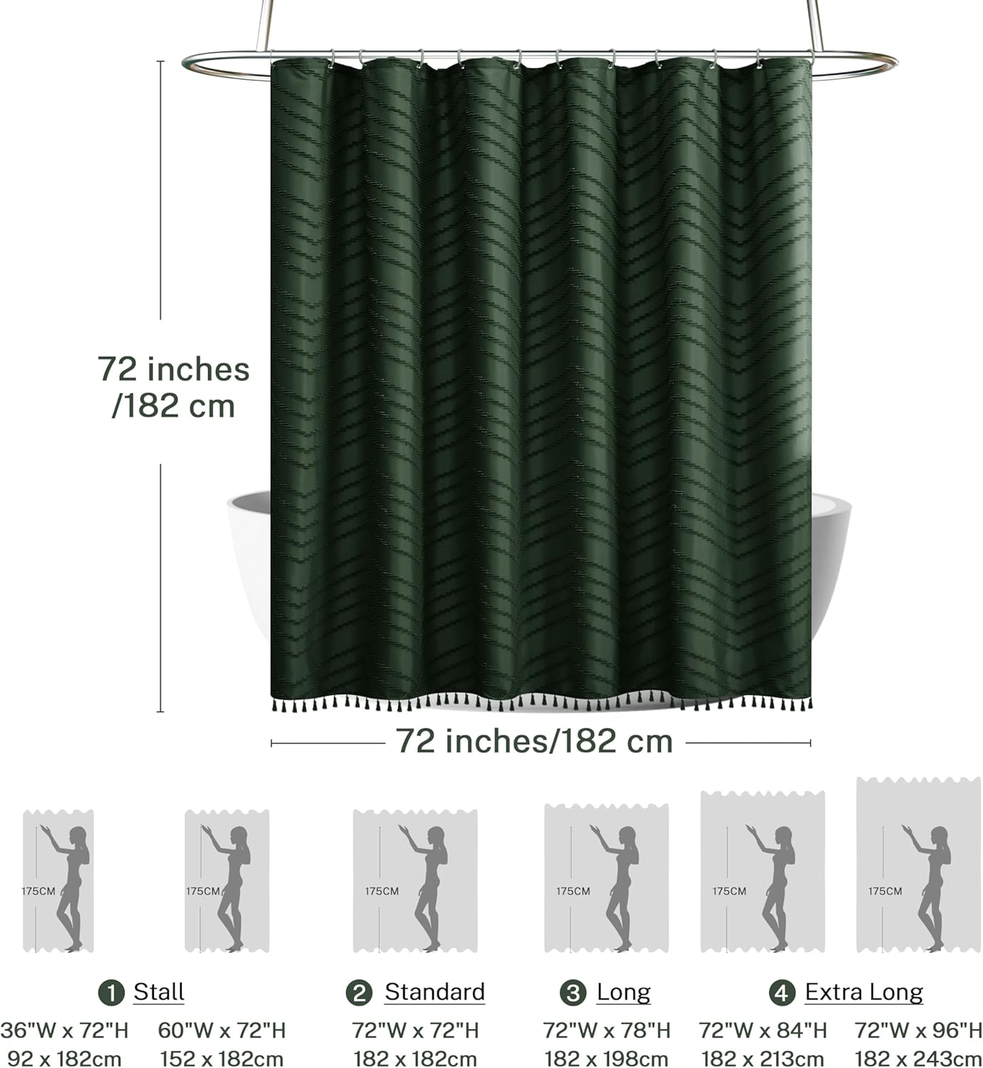 Dark Green Boho Shower Curtain with Tassel Woven Fabric Shower Curtain 72 x 72 Modern Farmhouse Textured Tufted Chevron Striped Minimalist Shower Curtains for Bathroom