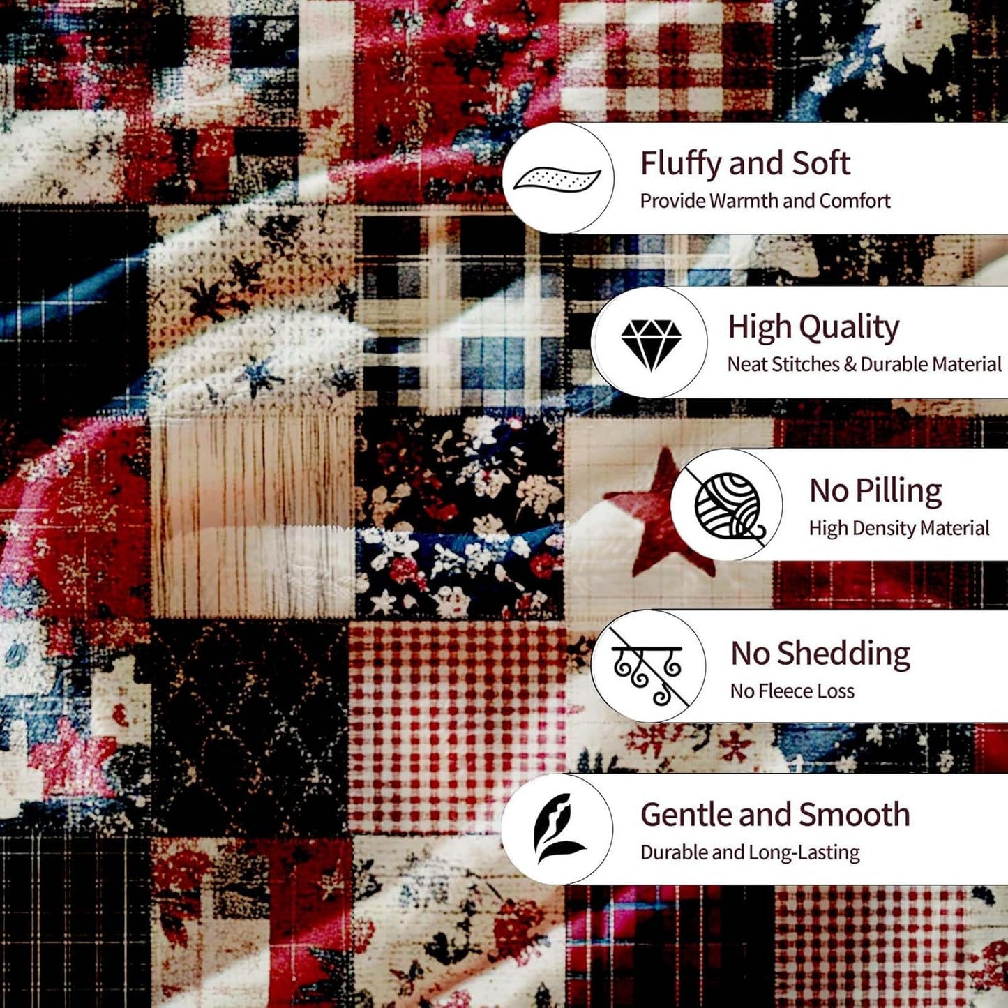 Printed Patchwork Country Blanket Throw for Women and Men, Farmhouse Vintage Blanket Gift, Lightweight Fleece Americana Rustic Home Decor, 40"×50"