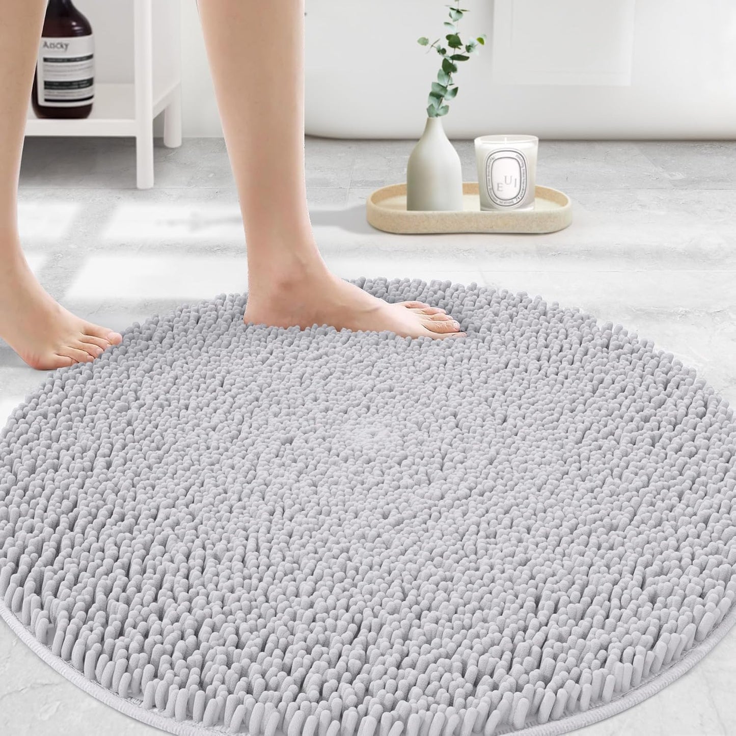 MAYSHINE Round Area Rug Set for Bathroom | Soft Plush Chenille Bath Mat, Water Absorbent Non-Slip Bathroom Rug | Washable Shag Carpet for Shower, Bedroom, or Home Décor | 48"x48" (Round) | White