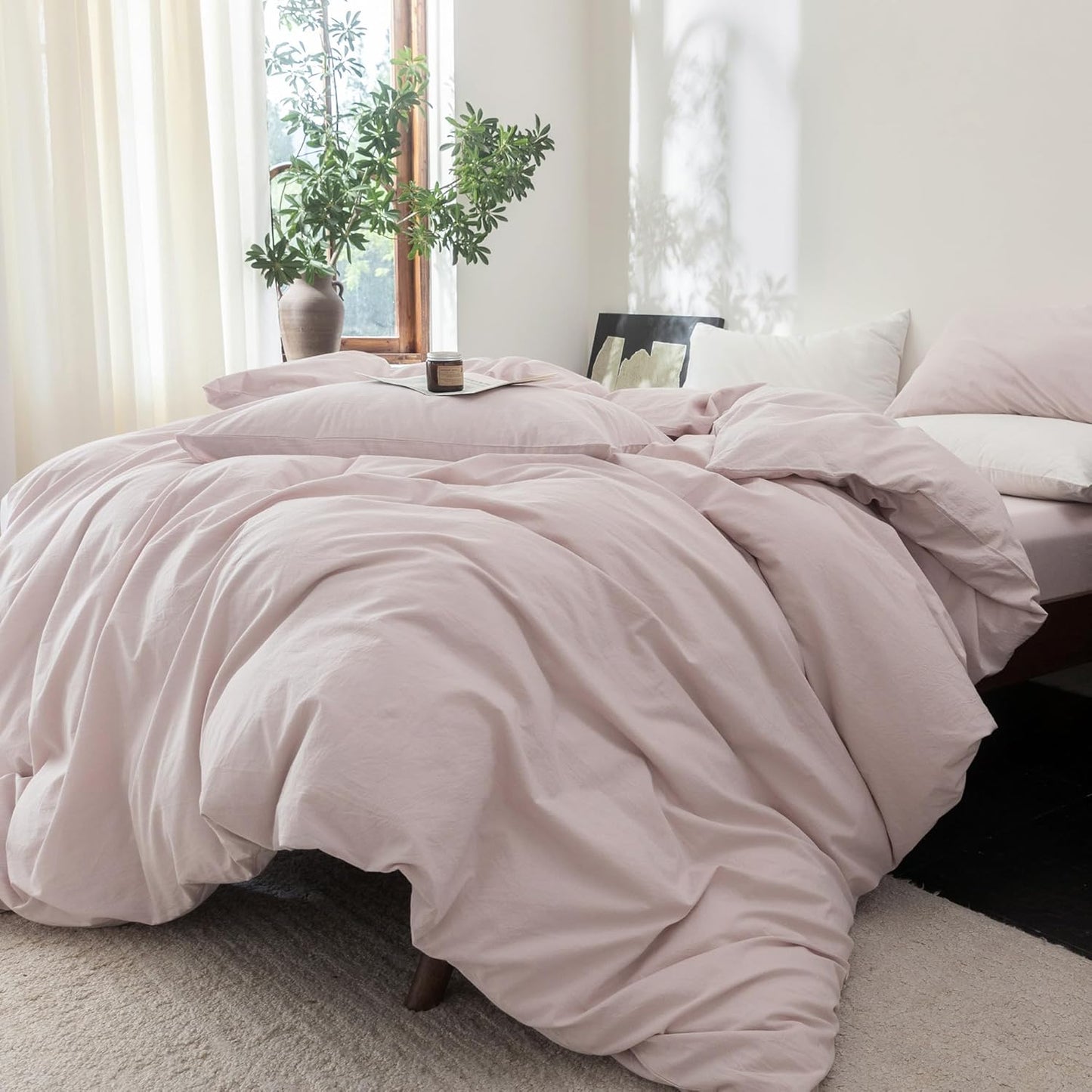 FOSSA Duvet Cover Set 100% Washed Cotton Linen Feel Super Soft Breathable Cozy 3 Pieces Bedding Sets Solid Greyish Pink Super King Plus