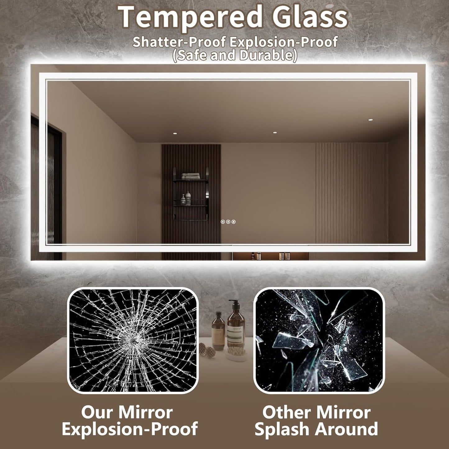 Bathroom Mirror with Lights 36"X72" with Front Light and Backlit, Tempered Glass, Wall Mount Horizontal/Vertical, Stepless Dimmable, 3 Colors, Anti Fog, Bathroom Memory LED Mirror