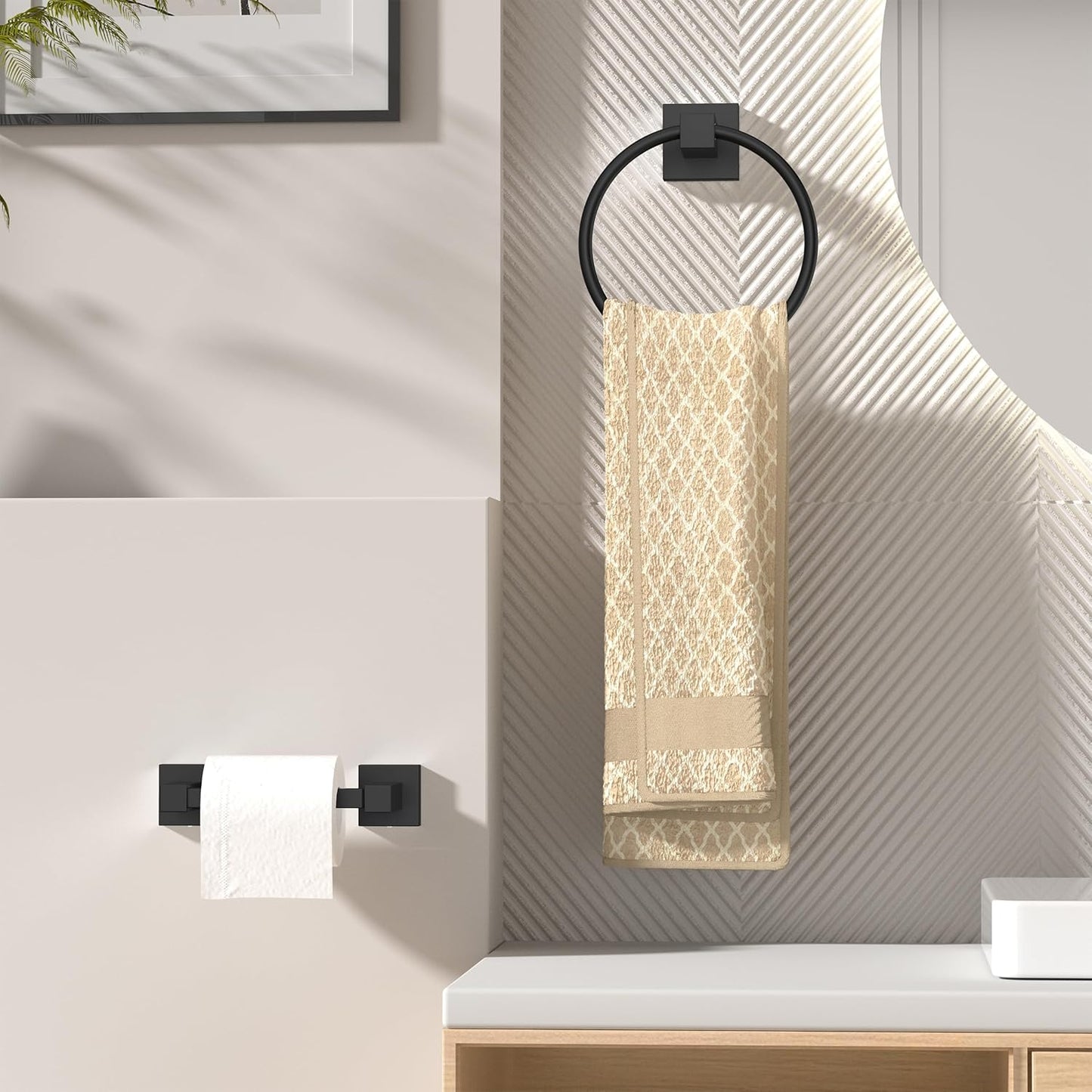 FORIOUS Toilet Paper Holder Wall Mount and Hand Towel Ring Set, SUS 304 Stainless Steel Double Post Pivoting Tissue Roll Holder, Modern Bathroom Hardware Accessories Set, Matte Black
