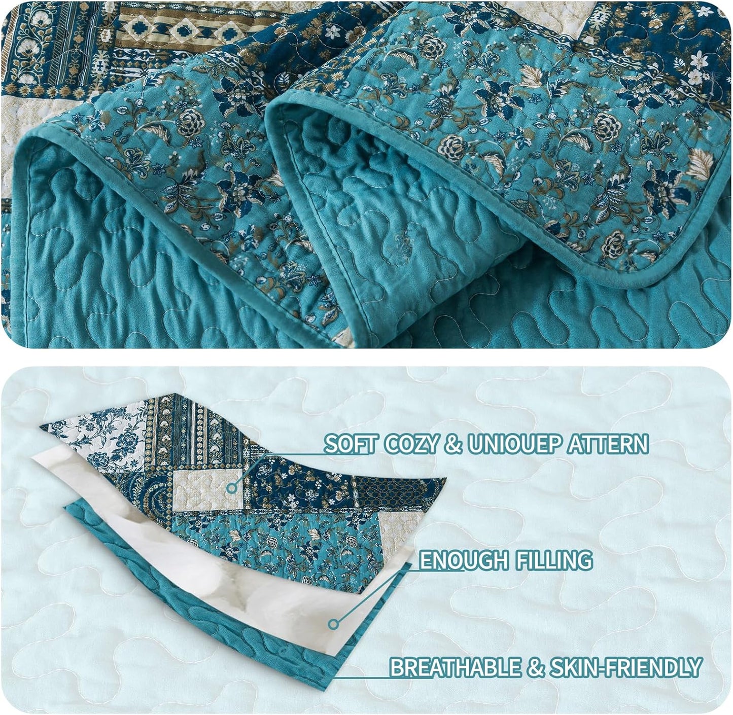 BEDIFANY Cotton King Size Quilt Set, Lightweight Bedspread King Size Coverlet Boho King Quilt, Soft Farmhouse King Quilt Bedding Sets for Bed Decorations for All Seasons (3 Pieces, Blue)
