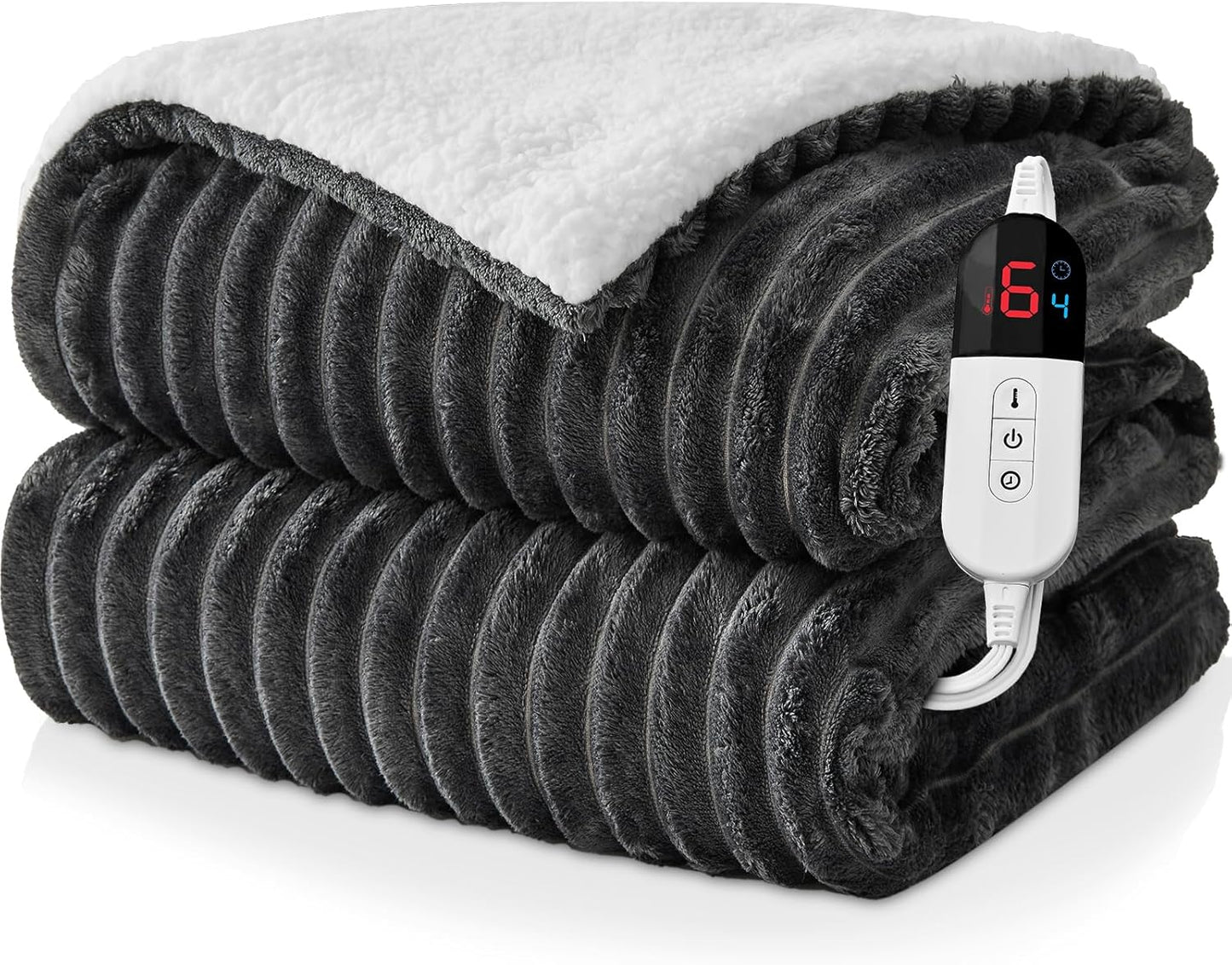 Electric Heated Blanket Twin Size - 62"x84" Fast Heating Bed Blankets with 6 Heating Levels & 10 Hours Auto Off, Soft Ribbed Flannel Sherpa, Over-Heated Protection ETL, Dark Gray