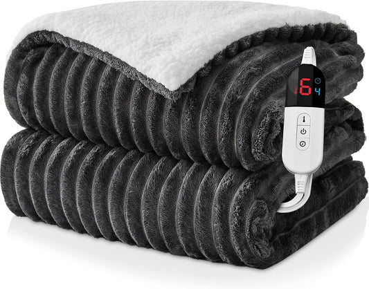 Electric Heated Blanket Queen Size Dual Control - 84"x90" Fast Heating Bed Blankets with 6 Heating Levels & 10 Hours Auto Off, Soft Ribbed Flannel, Over-Heat Protection ETL, Dark Gray