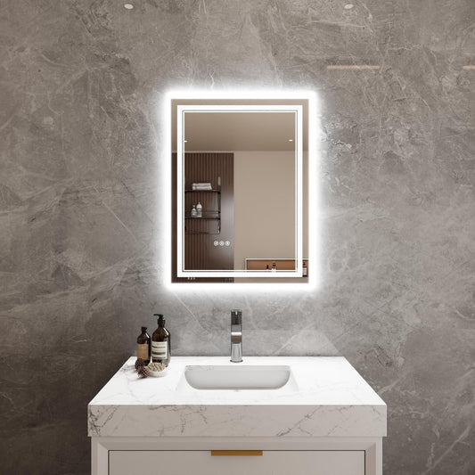Bathroom Mirror with Lights 24"X32" with Front Light and Backlit, Tempered Glass, Wall Mount Horizontal/Vertical, Stepless Dimmable, 3 Colors, Anti Fog, Bathroom Memory LED Mirror