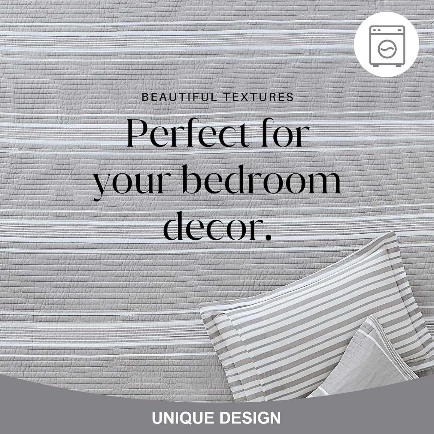 Y-PLWOMEN Quilt Queen Size - 100% Cotton Queen Bed Quilt, Grey Striped Reversible Bedspread for All Season, 3-Piece