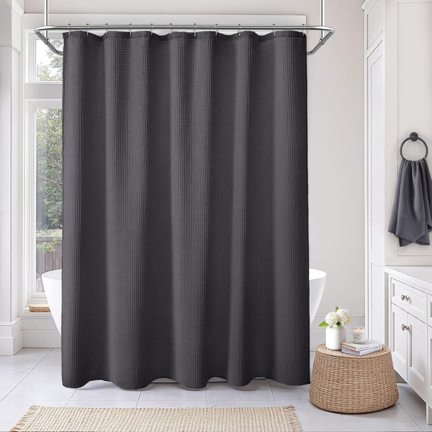 Long Waffle Shower Curtain - Charcoal Gray Cotton Texture Fabric Heavyweight Shower Curtain for Bathroom,72Wx78L