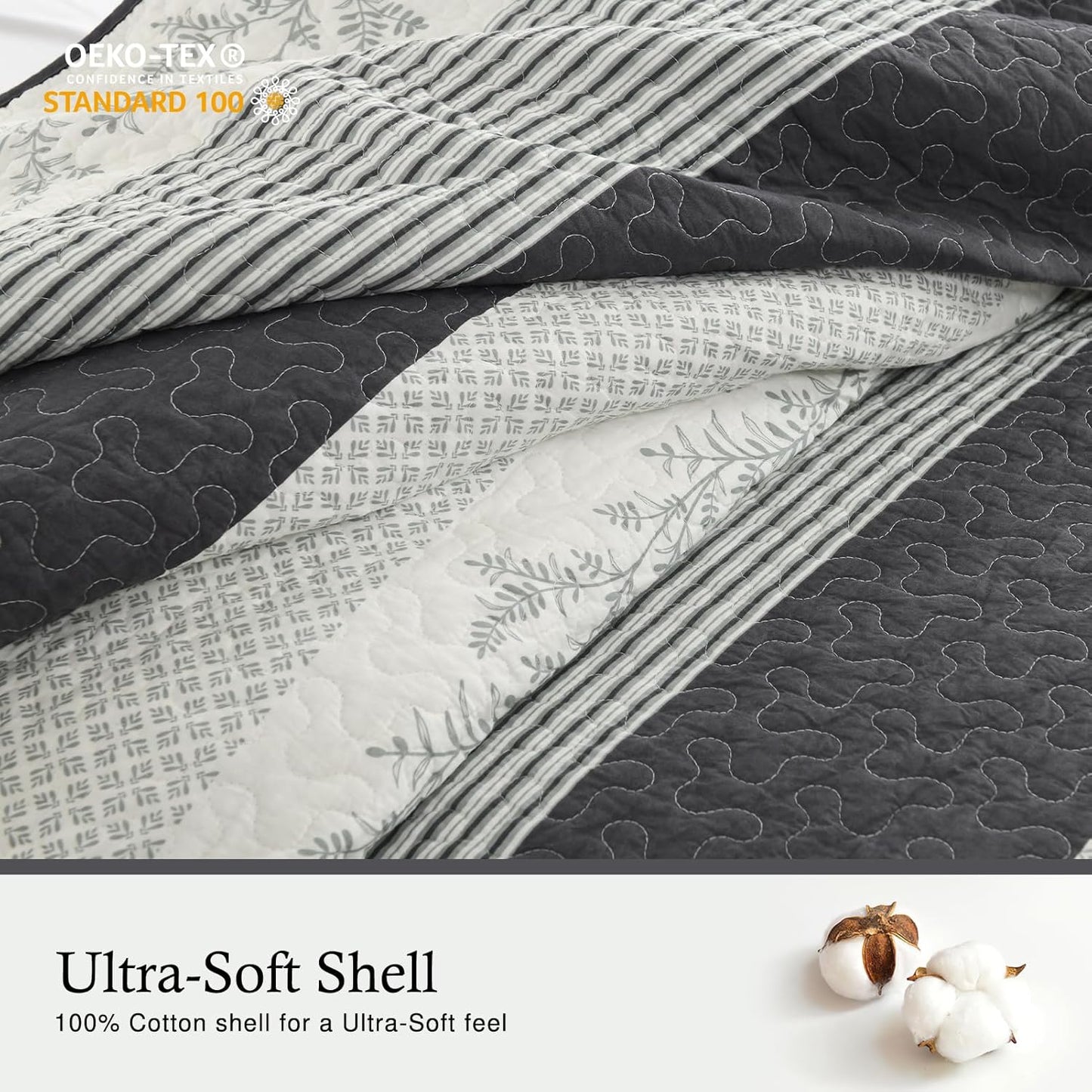 Stripe Quilts Queen Size - 100% Cotton Lightweight 3 Pieces Bedding Set, Vintage Vine Pattern Quilted Bedspread with 2 Pillow Shams, Farmhouse Printed Coverlet for All Season, Green/Gray
