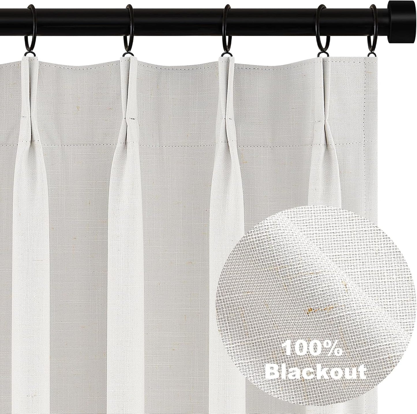 Topfinel Pinch Pleat Full Blackout Curtains & Drapes 84 Inch Length 2 Panels Set, Flax Linen Room Darkening Soundproof Curtains with Hooks Rings for Bedroom Living Room Track System, Beige Ivory Birch