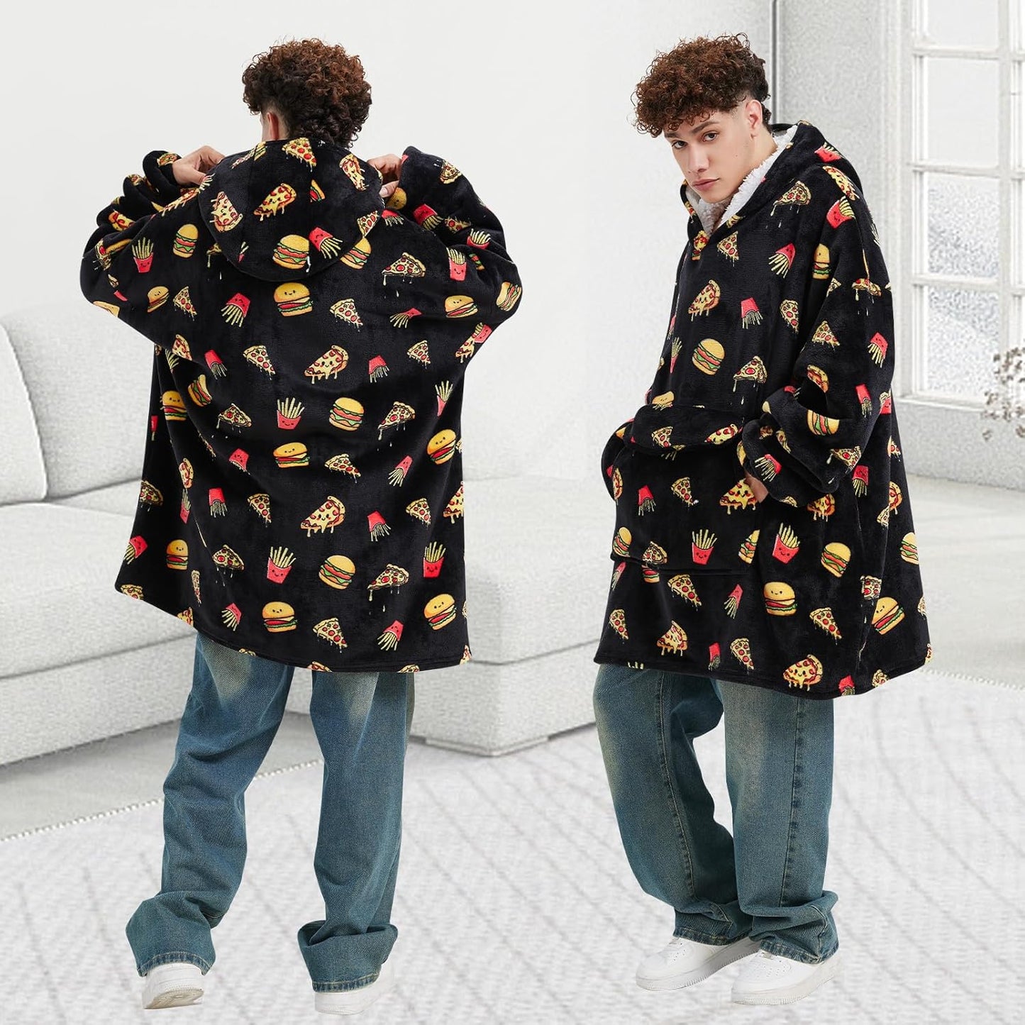 Wearable Blanket Hoodie for Adult,Oversized Sherpa Fleece Blanket Hoodie for Women Men,Hamburger Pizza