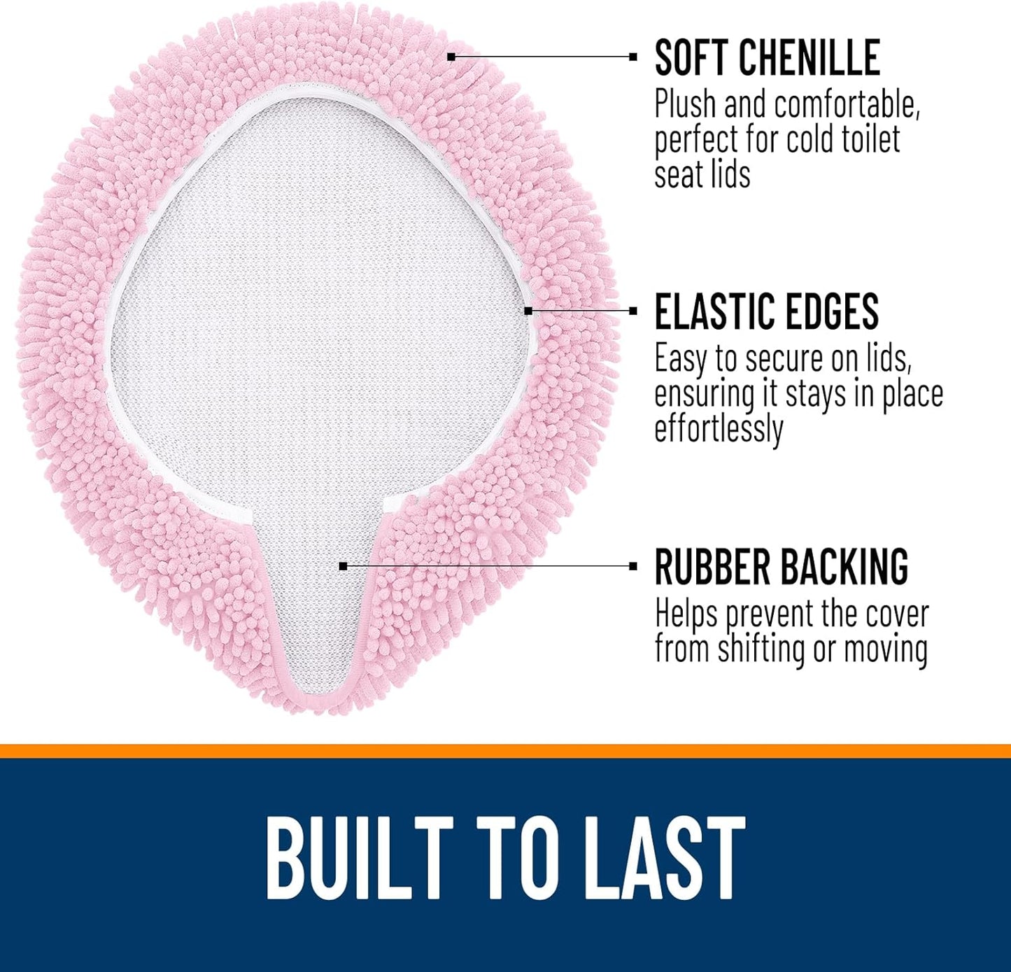 OLANLY Soft Chenille Bathroom Toilet Lid Cover, Machine Washable Seat Covers, 17.5x15, Stays in Place Rubber Backing, Fits Most Round, Elongated and Oblong Lids, Accessories Decor, Pink