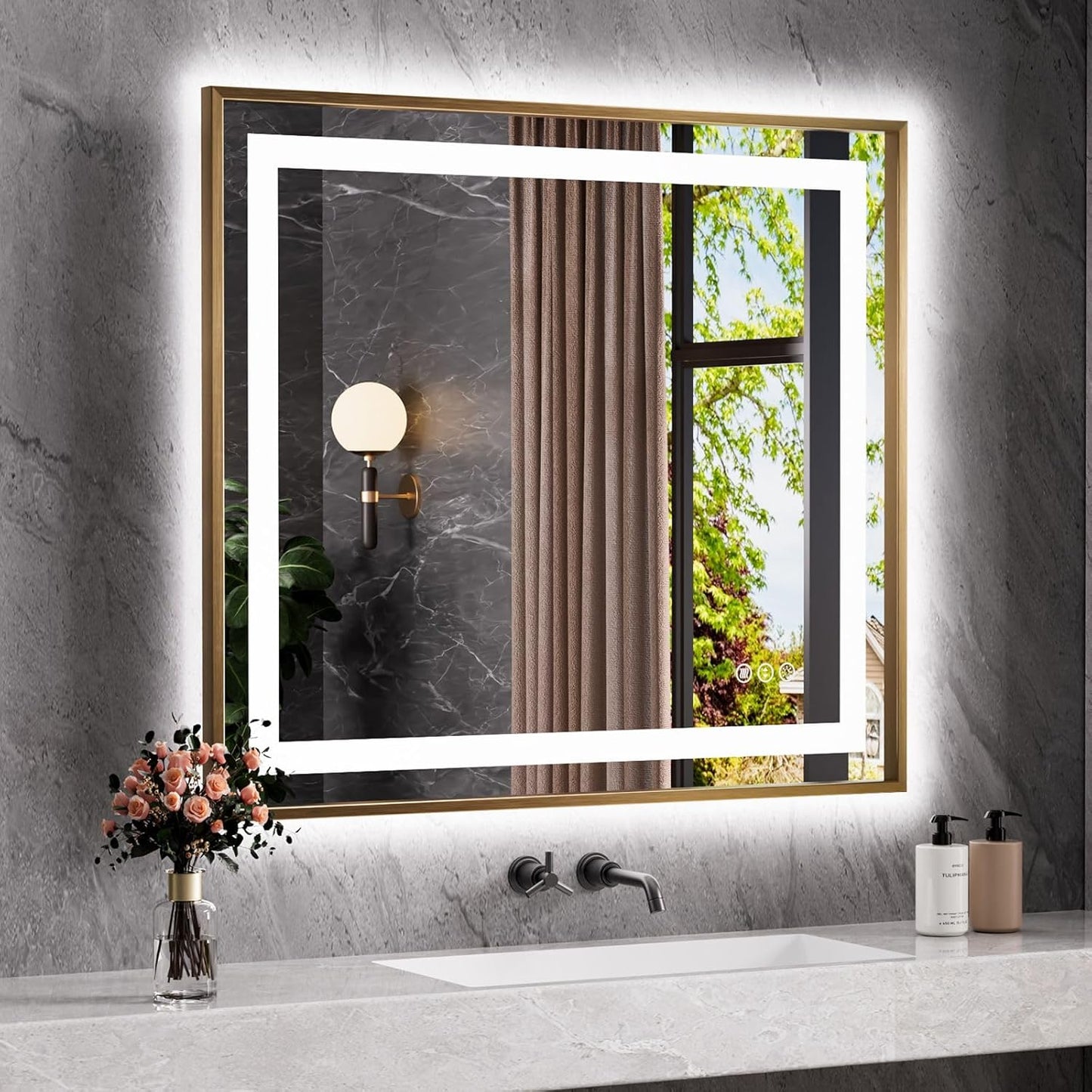 Amorho 40"X36" LED Bathroom Mirror Gold, Metal Framed Mirror with Front Light and Backlit, Stepless Dimmable, Anti-Fog, Shatter-Proof, Memory, 3 Colors