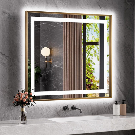 Amorho 40"X36" LED Bathroom Mirror Gold, Metal Framed Mirror with Front Light and Backlit, Stepless Dimmable, Anti-Fog, Shatter-Proof, Memory, 3 Colors