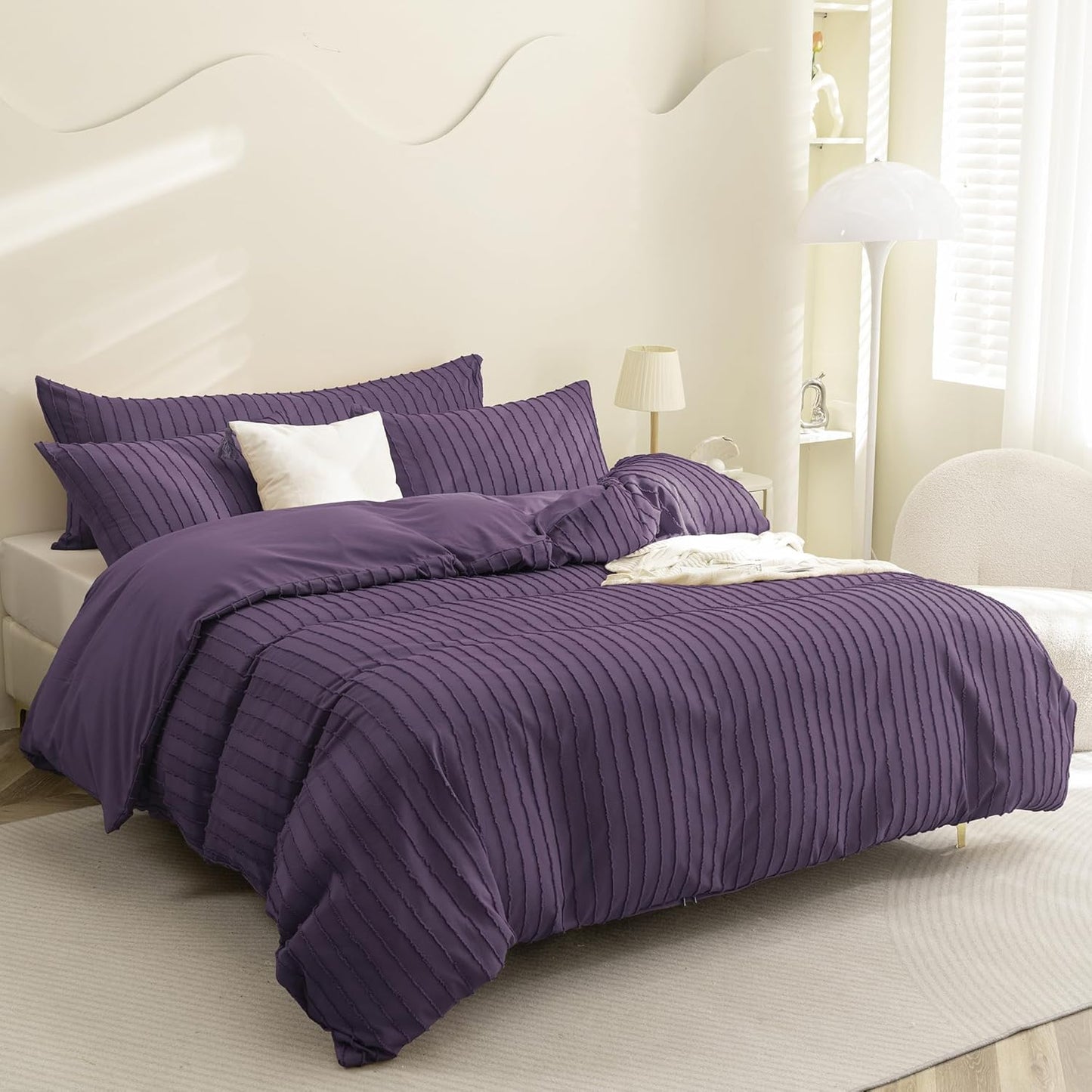 JELLYMONI Duvet Cover Full Size Purple - 3PCS Boho Striped Duvet Cover Set Polyester Tufted Bohemian Textured Comforter Cover 80×90in with Corner Ties & Zipper and 2 Pillowcases