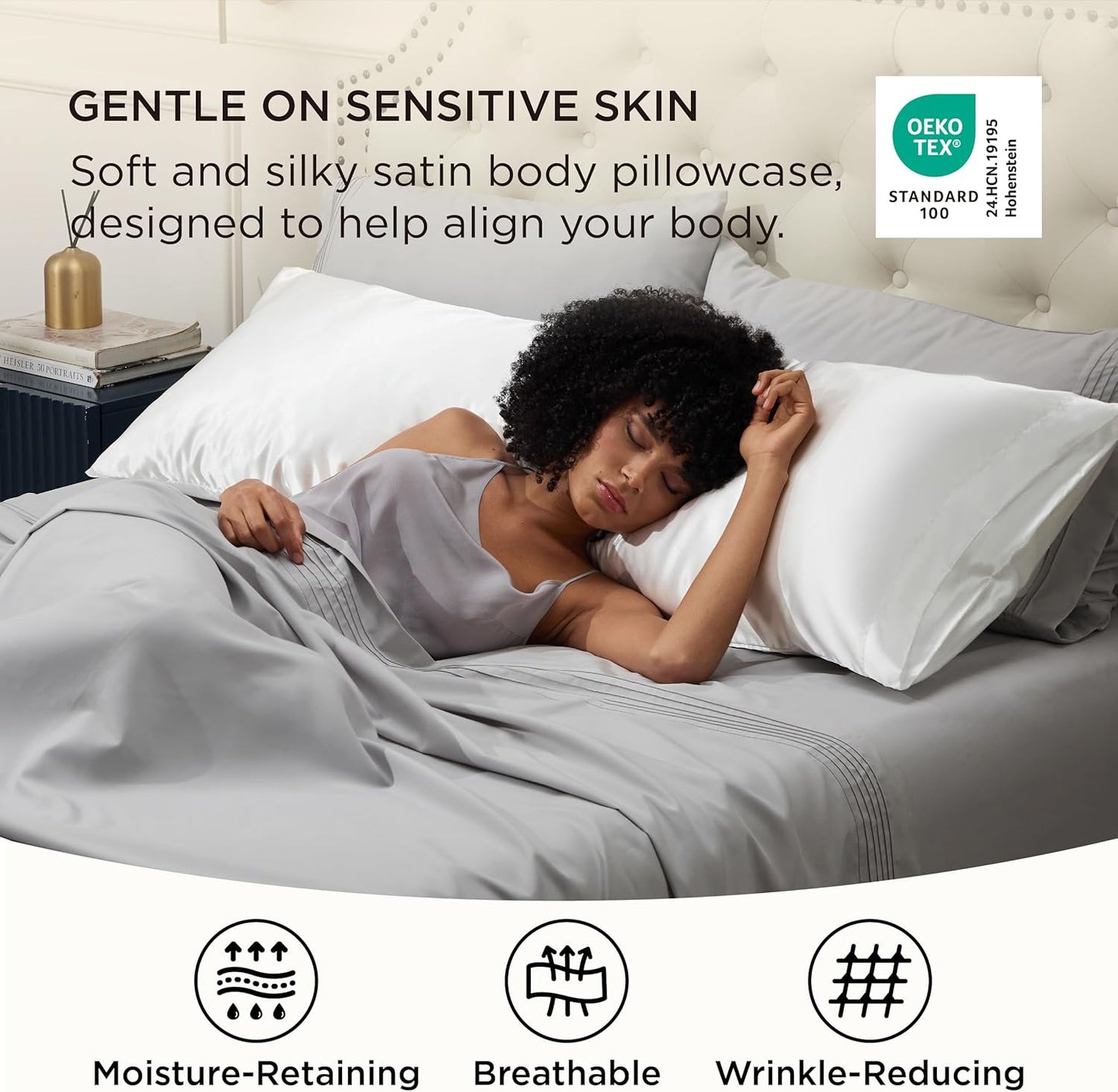Bedsure Satin Body Pillow Pillowcase - Similar to Silk White Body Pillow Cover Case with Envelope Closure,Cooling and Silky Long Pillowcase for Hair and Skin,20x54 Inches