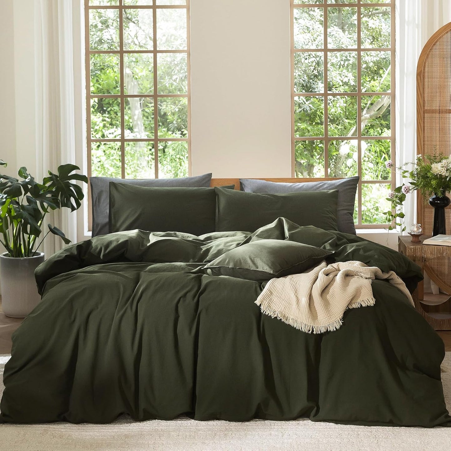 MooMee Bedding Duvet Cover Set 100% Washed Cotton Linen Like Textured Breathable Durable Soft Comfy (Solid Olive Green, Twin 68"x90")